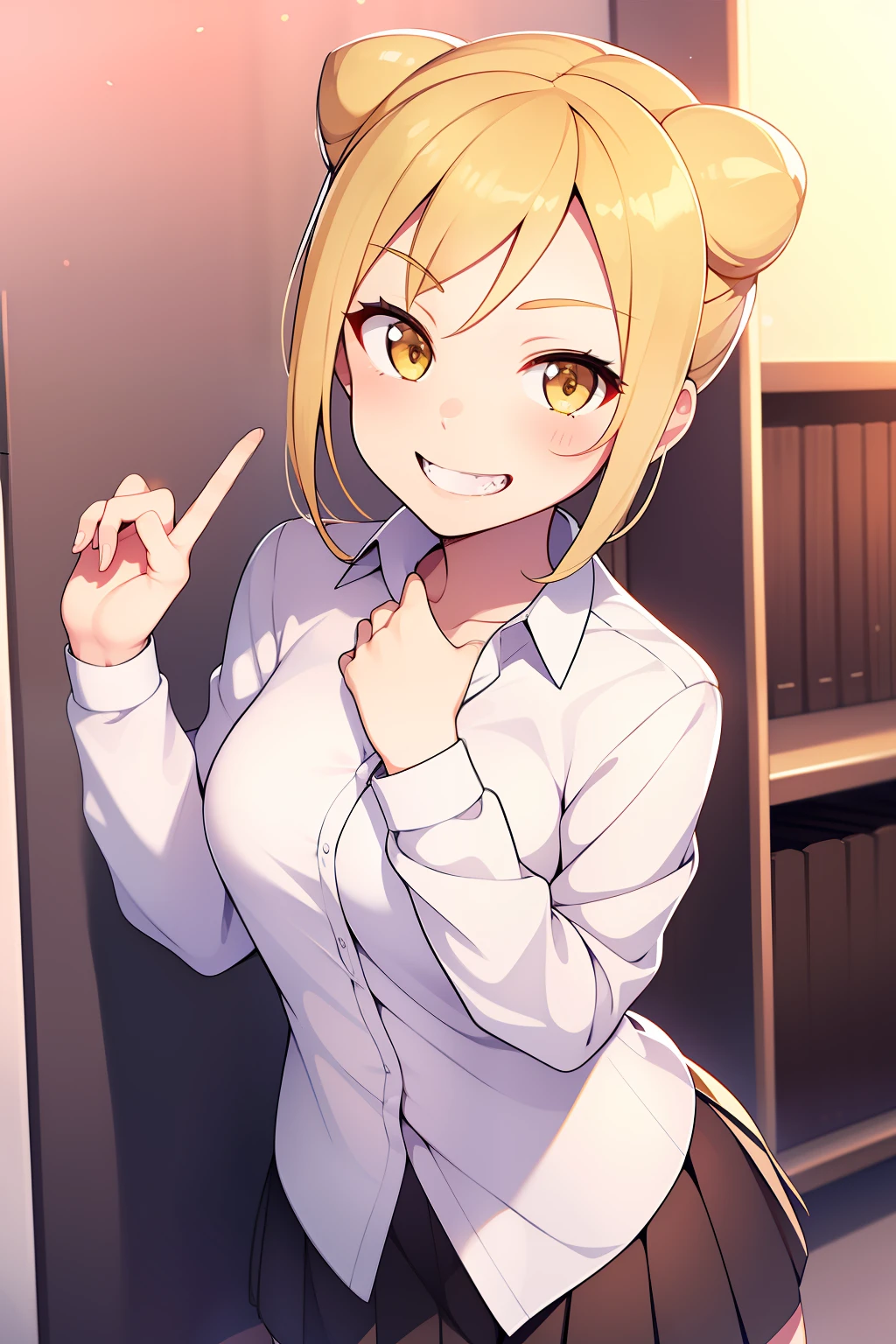 1girl, blonde_hair, commentary_request, cone_hair_bun, demi-chan_wa_kataritai, double_bun, dress_shirt, fang, fangs, fingersmile, grin, hair_bun, head_tilt, highres, looking_at_viewer, sakais3211, school_uniform, shirt, short_hair, smile, solo, swept_bangs, takanashi_hikari, upper_body, vampire, white_shirt, yellow_eyes