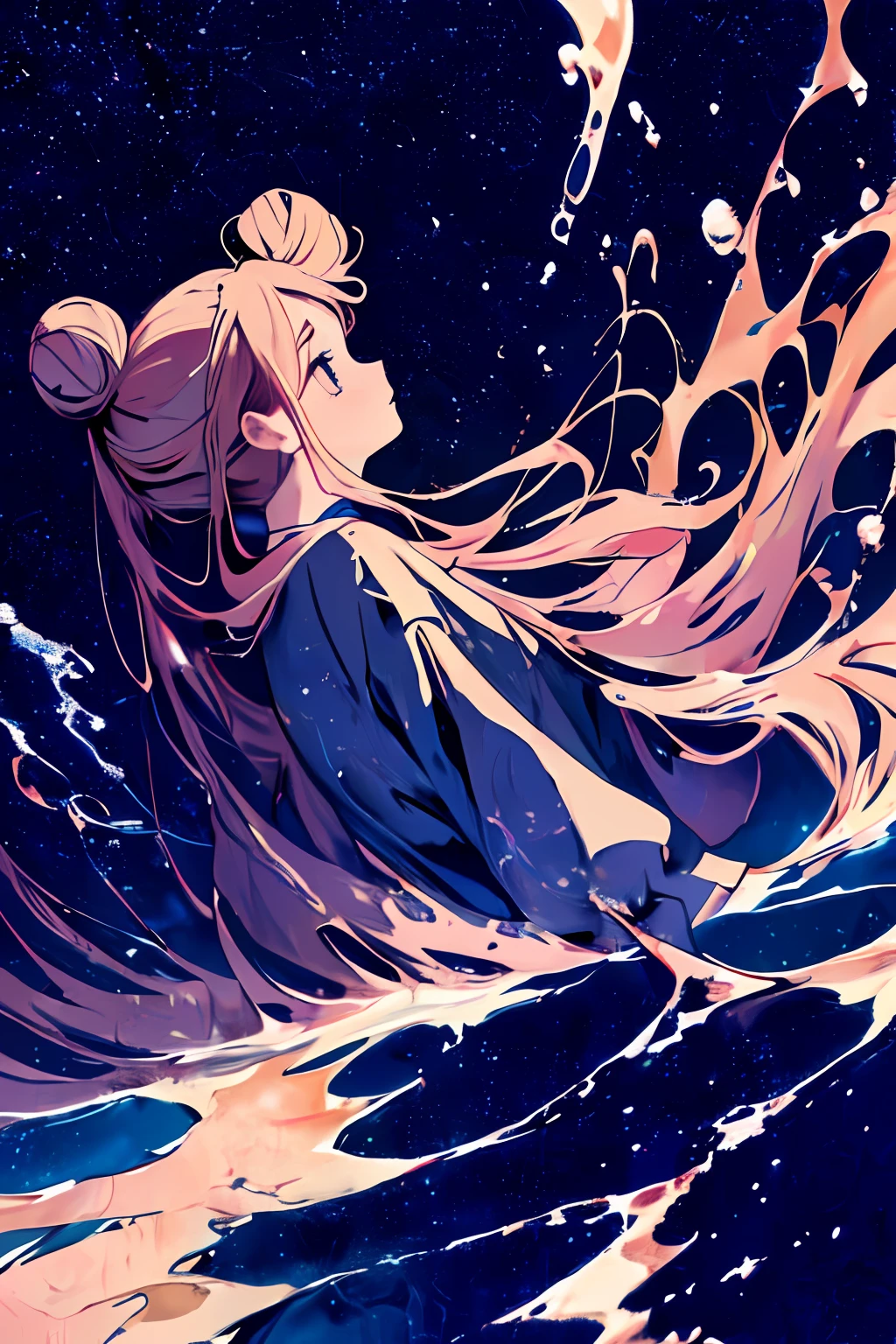 (masterpiece, top quality, best quality, beautiful and aesthetic:1.2), (1girl:1.3),( flat color:1.3), high resolution, extremely detailed, original, colorful, color splash, water, splashing, atmospheric perspective, crossed bangs, double bun, pointy hair,