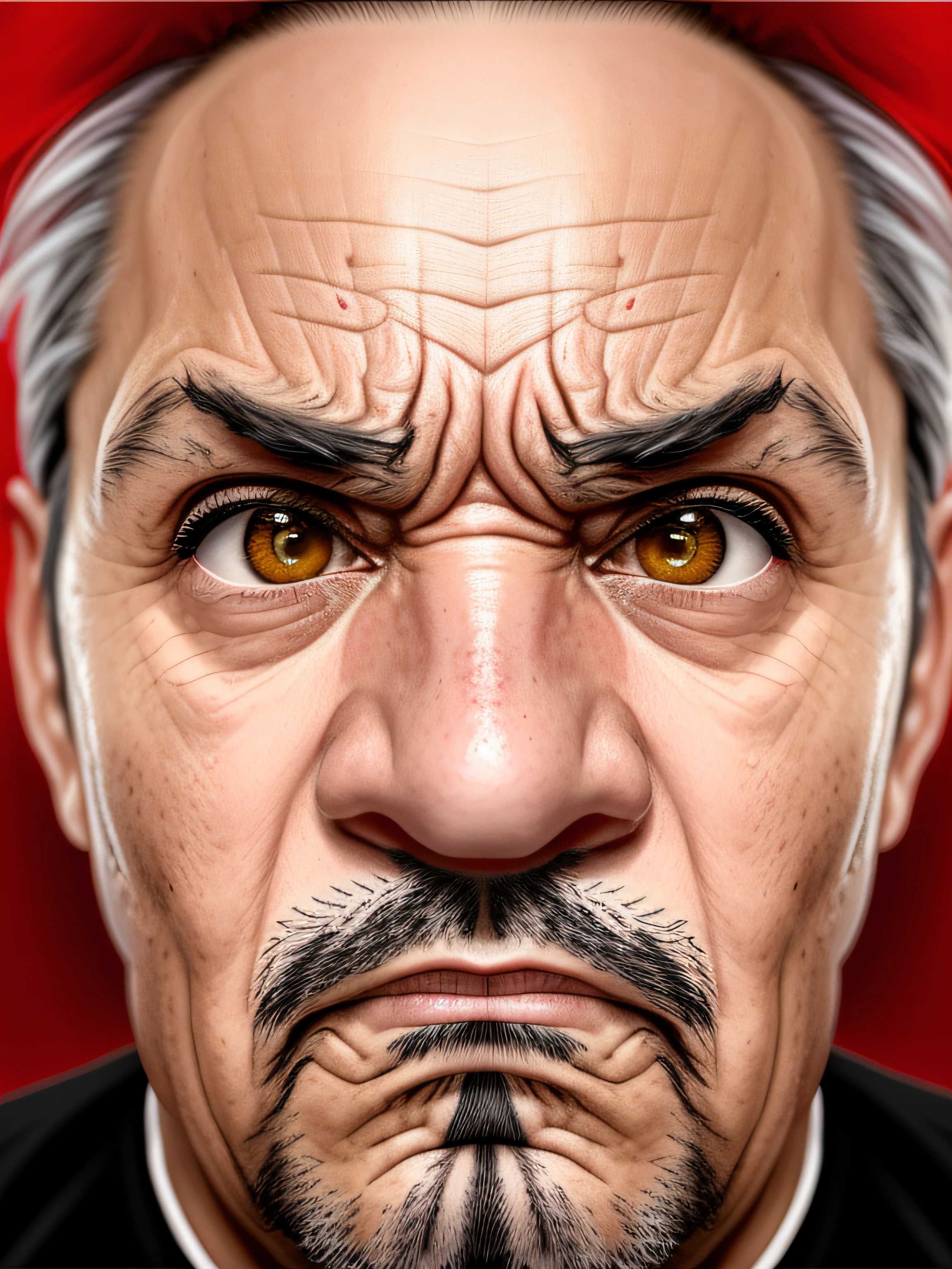imagem arrogante de um homem com uma cara muito grande no rosto, face severa, stern expression, angry expression, mal-humorado [ velho ], angry facial expression, angry looking at camera, cara de raiva, homem zangado, very angry expression, arte digital muito realista, olhar irritado, cara de zangada, parecendo irritado, Scowling, olhar severo, pintura digital ultra realista