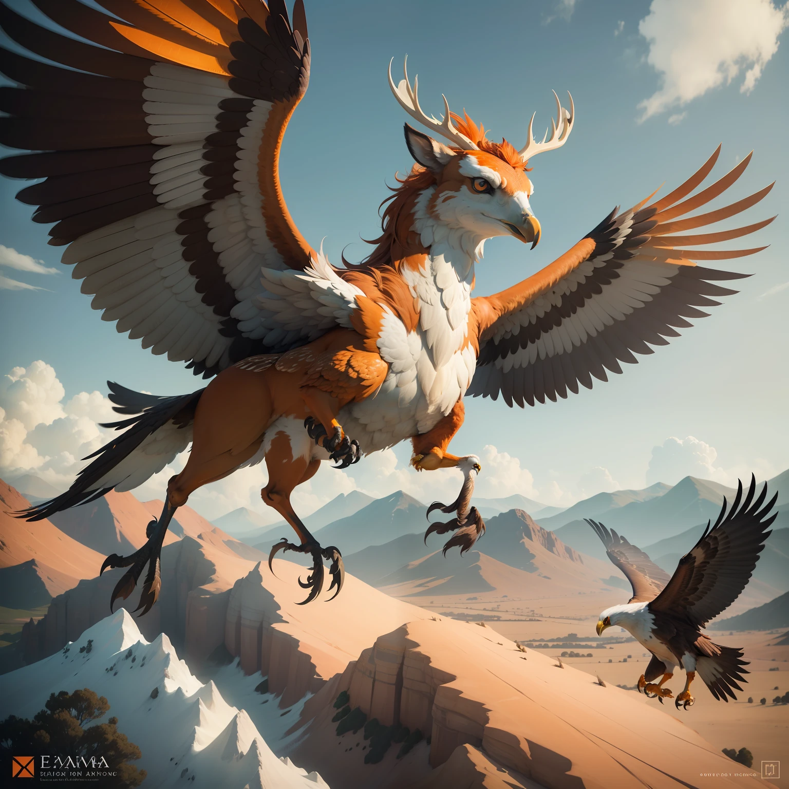 Create a semi-realistic version , with good lighting, High detail and cinematic scenery of a flying hybrid being of a deer and an eagle with orange coloration and large horns , he must be a menacing carnivore , as patas traseiras devem ser de cervo