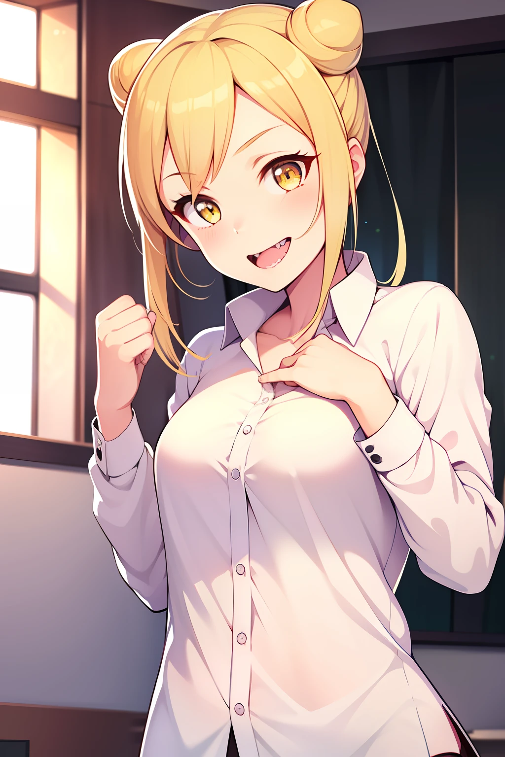 1girl, blonde_hair, blush, commentary_request, cone_hair_bun, demi-chan_wa_kataritai, double_bun, fang, hair_bun, hanetsuki_touka, long_sleeves, looking_at_viewer, school_uniform, shirt, solo, takanashi_hikari, white_background, white_shirt, yellow_eyes
