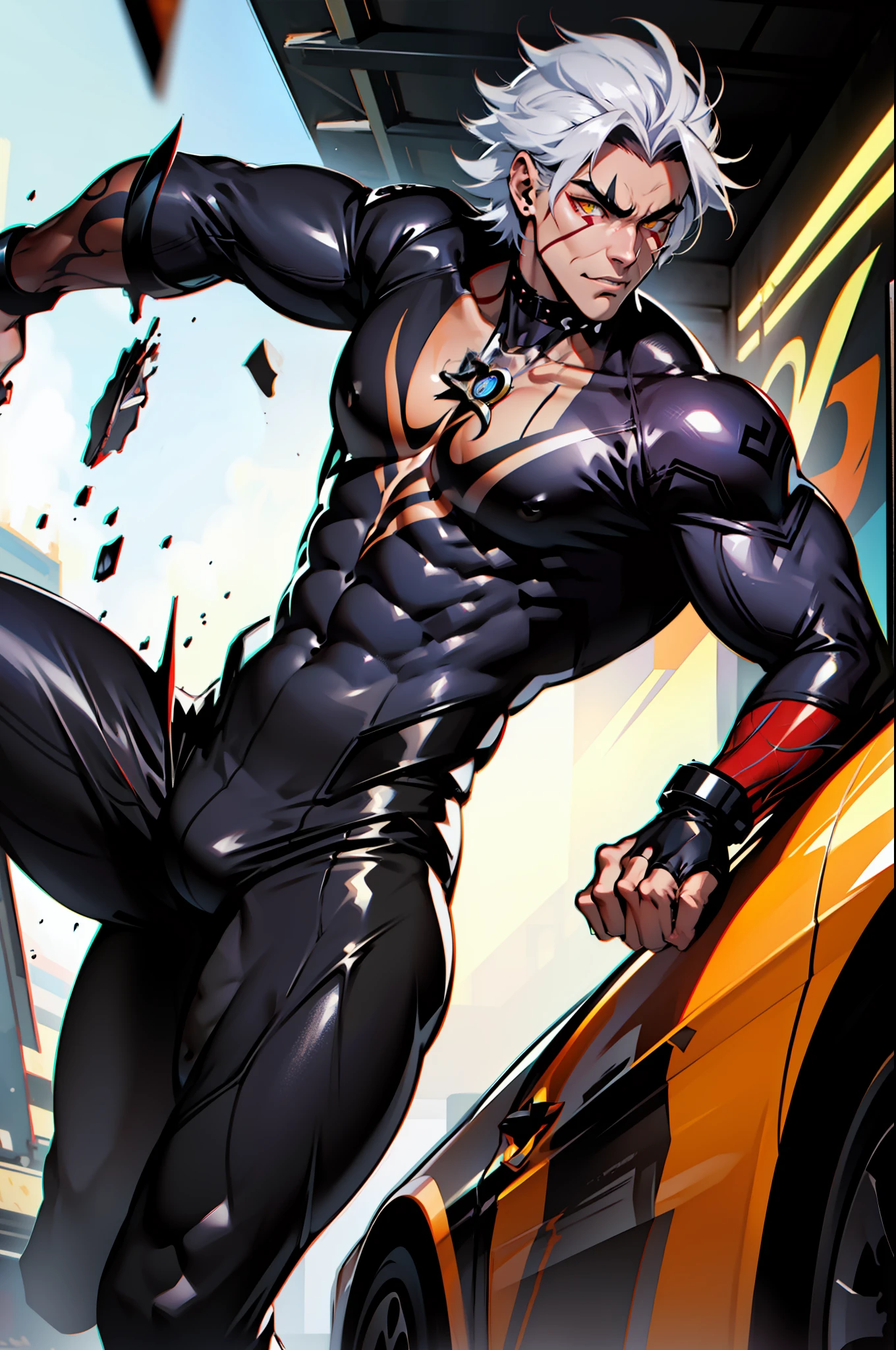 《the original god》Arataki Kazuto , male people, chest muscle, Sexy , Venom symbiote for your body, Black mucus of the body , into venom, venomize,Black bodysuit,(Cloak),Red cape,Abs,(Adult male)((Venom possession,venom symbiote)),over-Tortoise Man,Battle damage,((Masterpiece)), ((Best quality)), Ultra detailed,((illustration)), Dynamic Angle, Detailed light, (Delicate eyes), Floating, 1boy, Male focus, Head, Clothing, Yellow eyes, necklace, tattoo, (Forehead:0.8), (ahoge:0.8), jewelry, brunette color hair,apathy,Ray, chest muscle, Sexy , Venom symbiote for your body, Black mucus of the body , (into venom), Venom,frontage,Bust photo,White tight-fitting top,spiderman outfit,style of anime4 K, 4K anime wallpaper, Badass anime 8 K, 4 k comic wallpaper, young anime man, Anime boys, Anime wallpapers 4 k, Anime wallpaper 4K, High quality anime art style, Anime moe art style, Anime art wallpaper 8 K, Anime art wallpaper 4 K, RGB lighting,