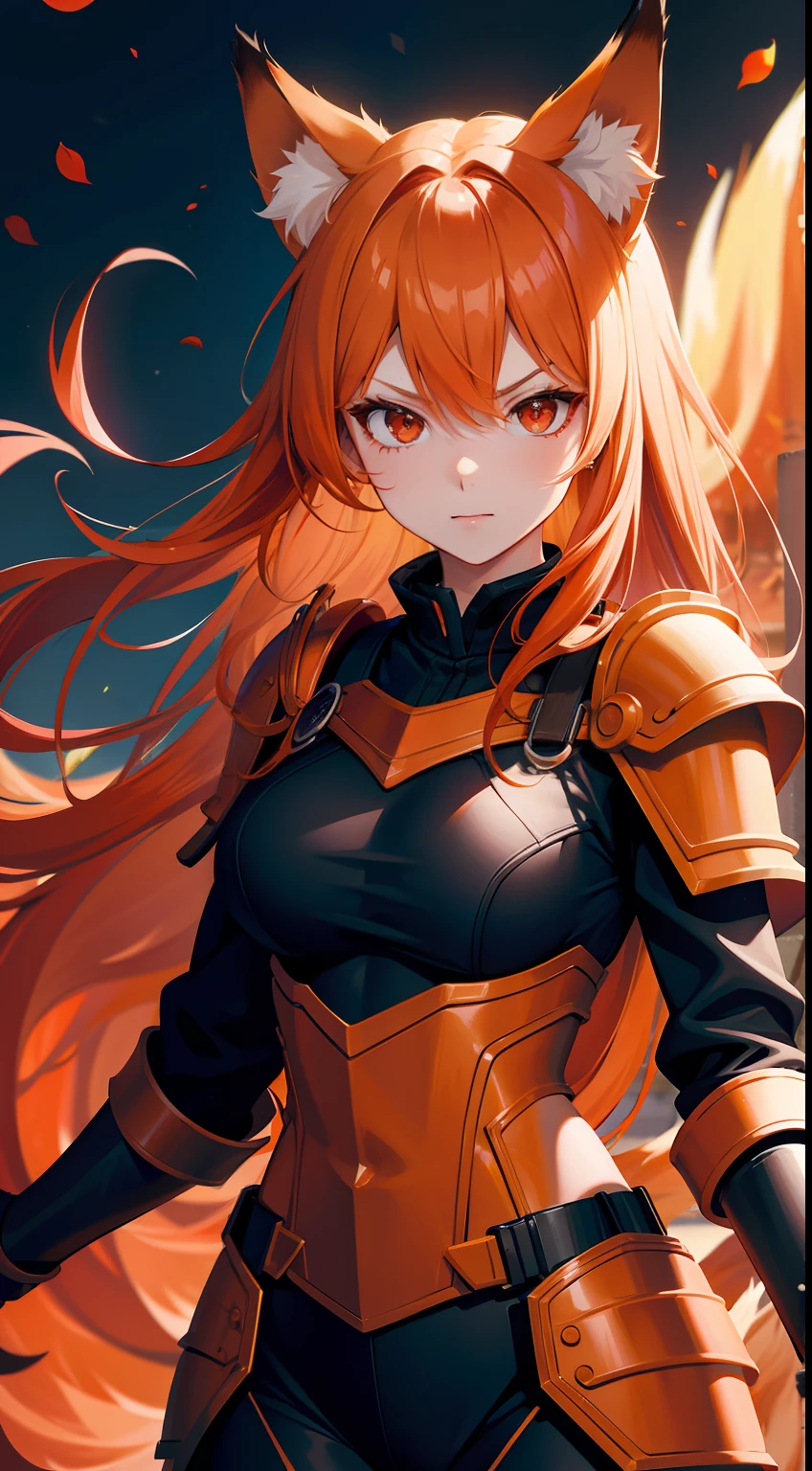 Adult woman, llong orange hair, Fox ears, red-eyes, Tight Korean armor, anger, Masterpiece, hiquality
