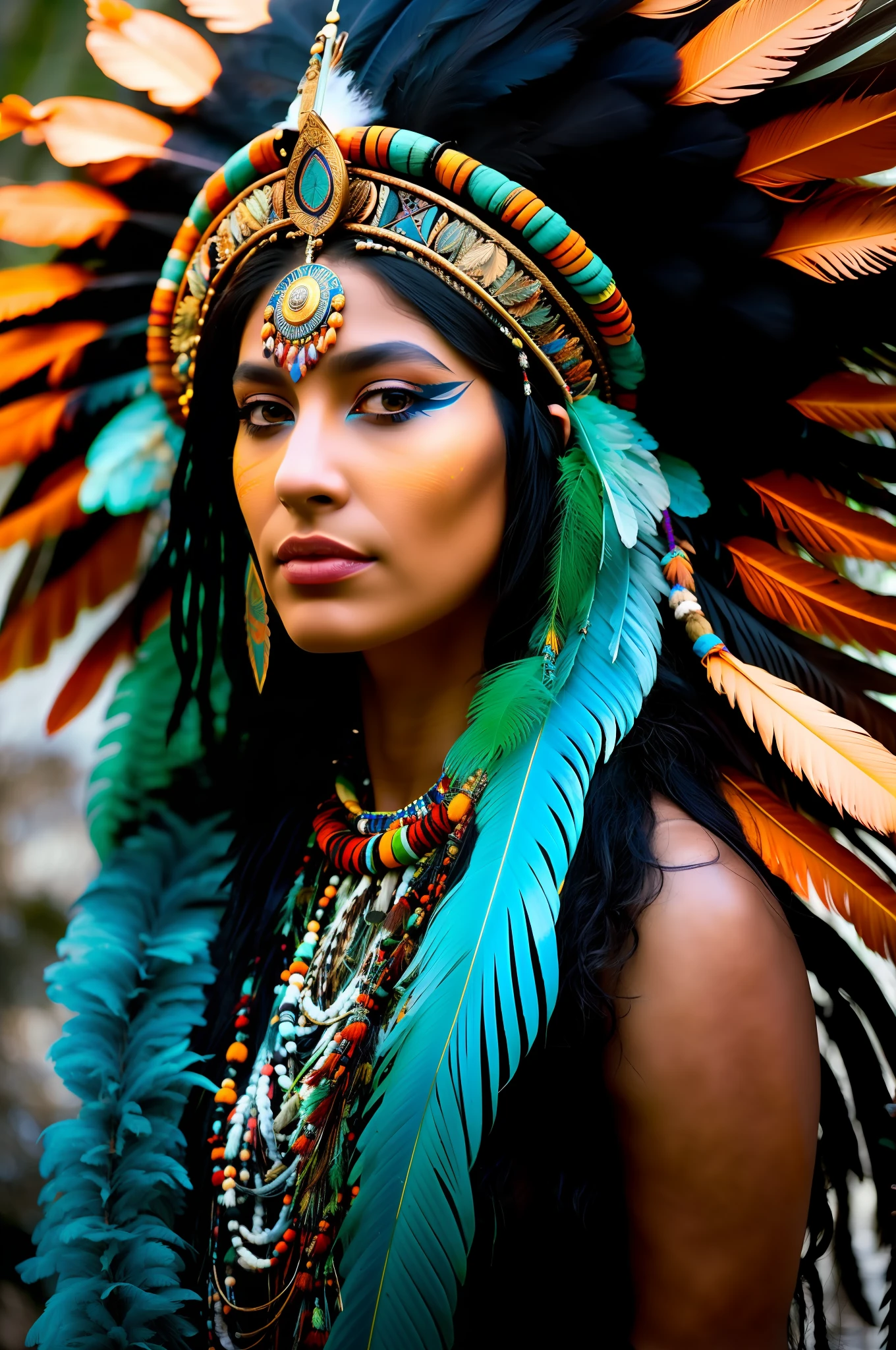 arafed woman with feathers and feathers on her head and face, beautiful young female shaman, she is dressed in shaman clothes, avian warrior, shanina shaik as medusa, portrait of mermaid warrior, a young female shaman, inka harpy girl, portrait of a dark fantasy nymph, : native american shamen fantasy, wearing crown of bright feathers