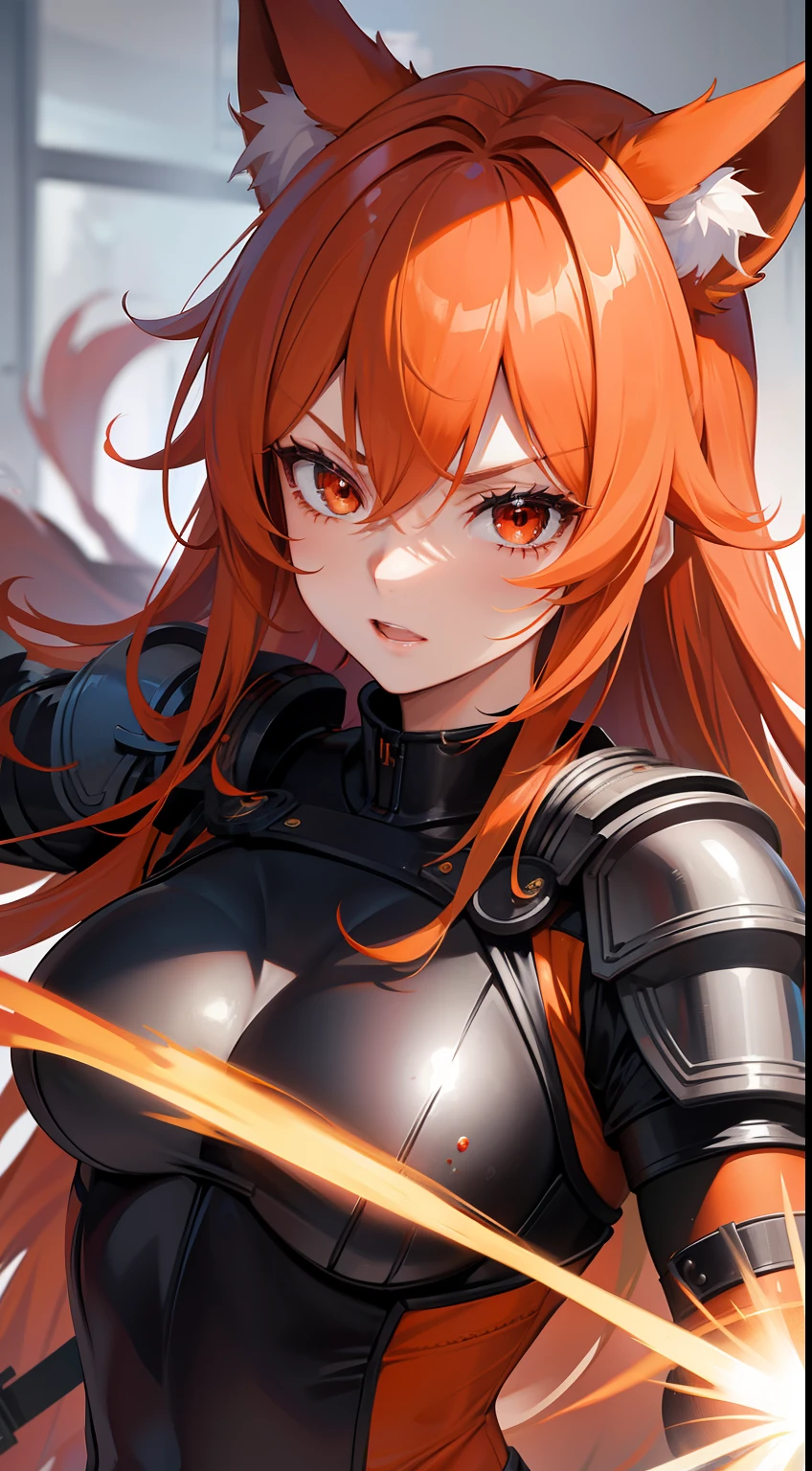 Adult woman, llong orange hair, Fox ears, red-eyes, Tight Korean armor, anger, Masterpiece, hiquality