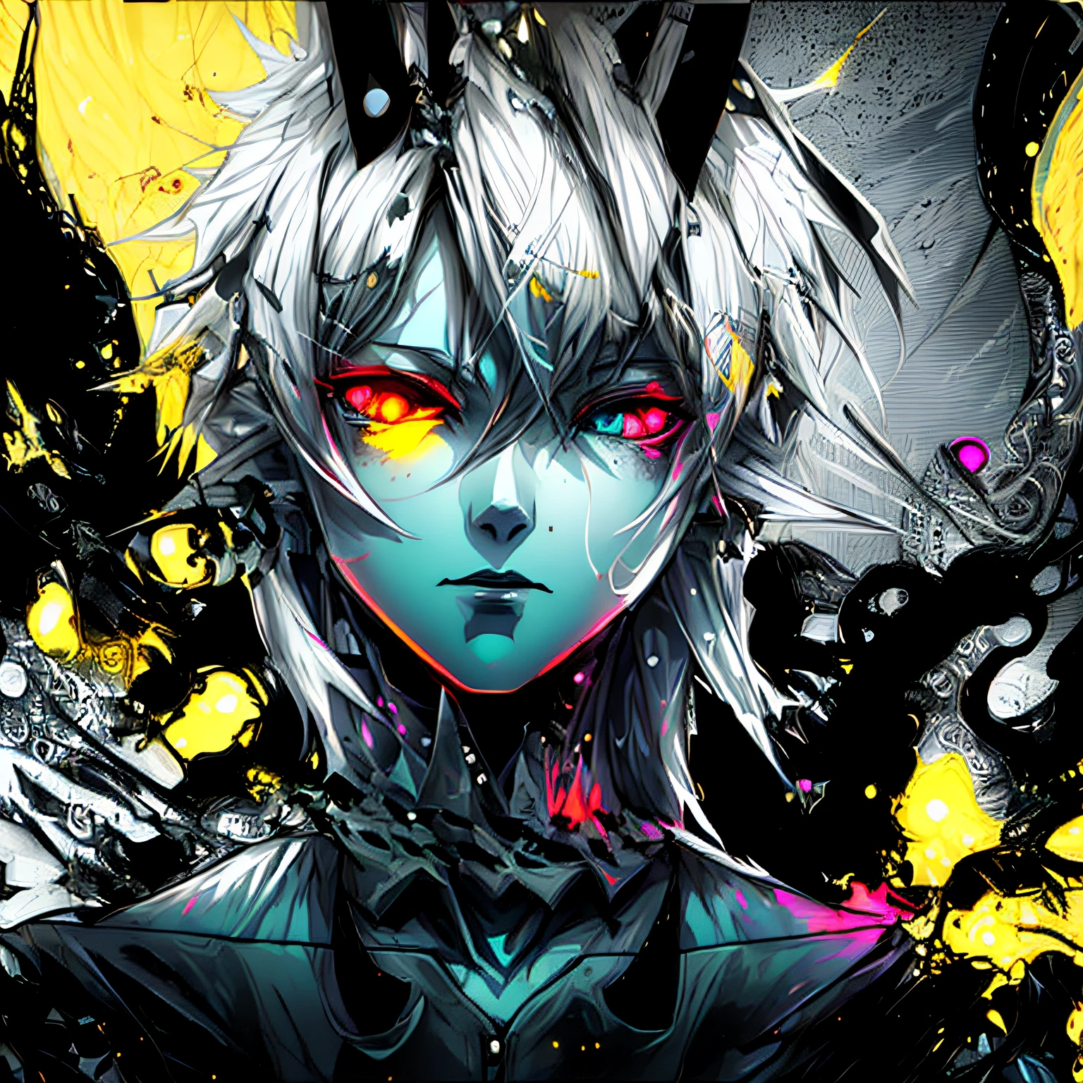 Anime girl with yellow eyes and black and white hair, black and white manga style, neferpitou, zerochan art, From Arknights, white-haired god, Black and white comics, Best anime 4k konachan wallpaper, anime abstract art, with glowing yellow eyes, gapmoe yandere grimdark, digital art from danganronpa