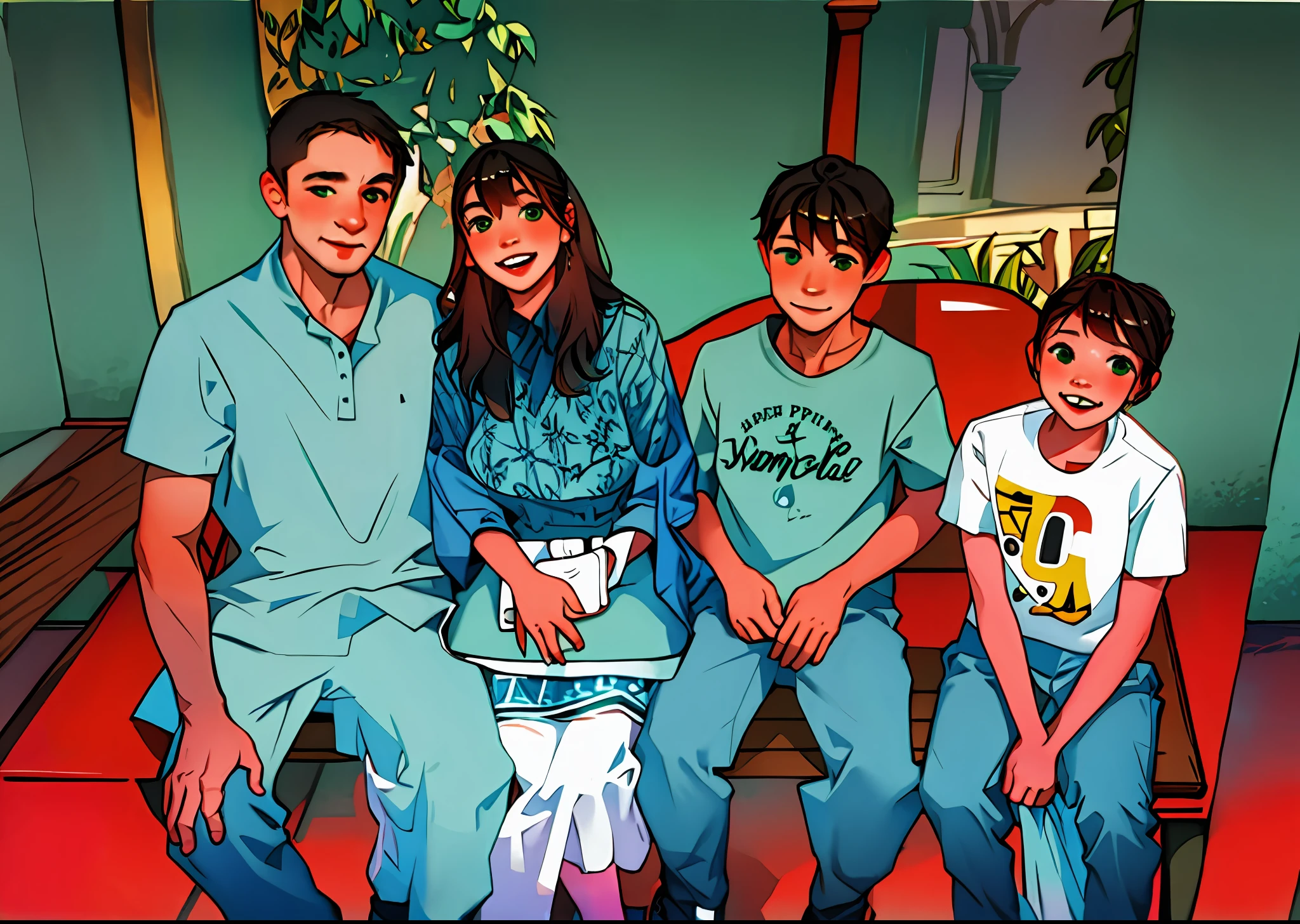 There are four people sitting on a bench,Happy family, Family photo,A family portrait