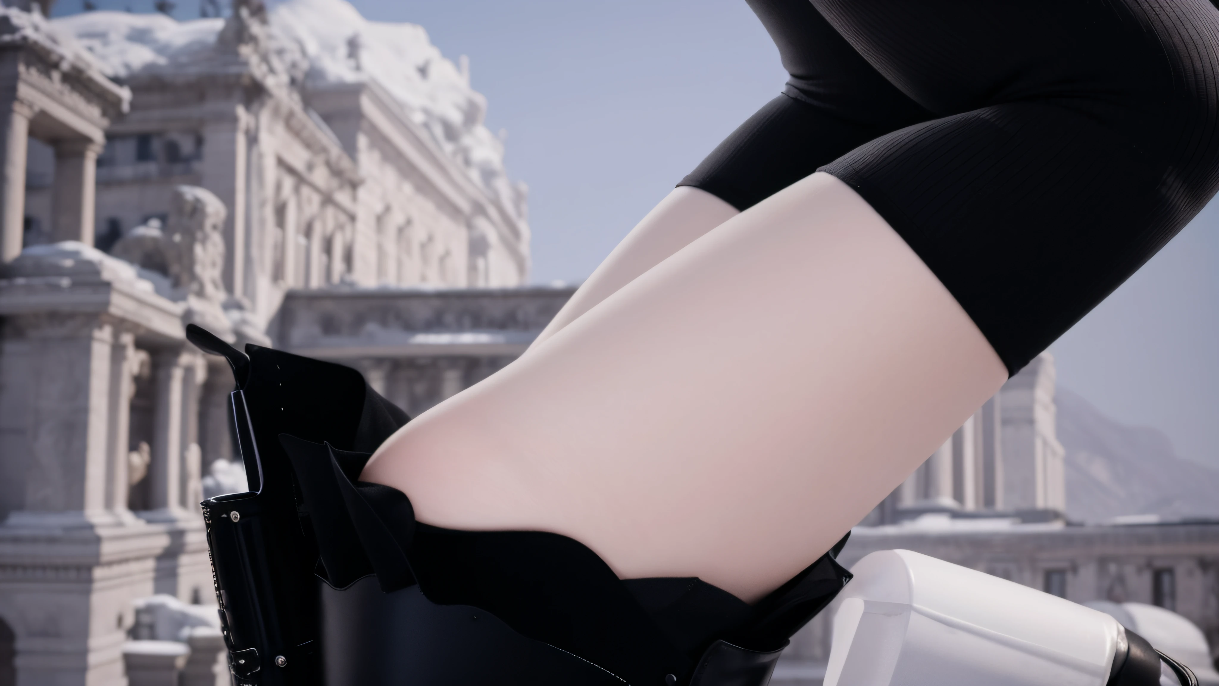 There is a woman in a short black dress and a black boot, tiro detalhado pernas-up, Tiro Giantess altamente detalhado, detailed legs looming over you, pequenos detalhes suaves, detailed legs towering over you, macro gigantesco, Tiro Gigantess extremamente detalhado, close-up nas pernas, pernas detalhadas, coxas grossas e lisas, Coxas fechadas, detailed close foot shot