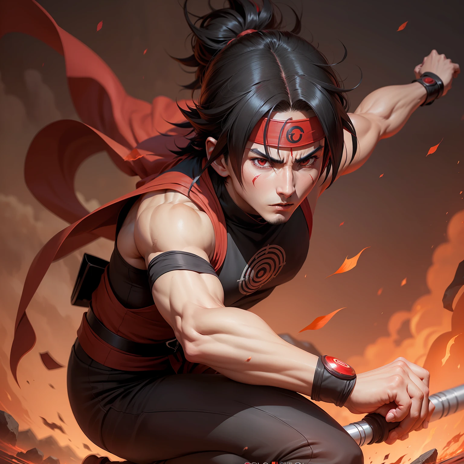 ( a punto de pelear), uchiha shisui ( The closest thing to an ultra-detailed manga), con su magekyo Sharingan activado ( en un tomo rojo profundo), in a position for combat