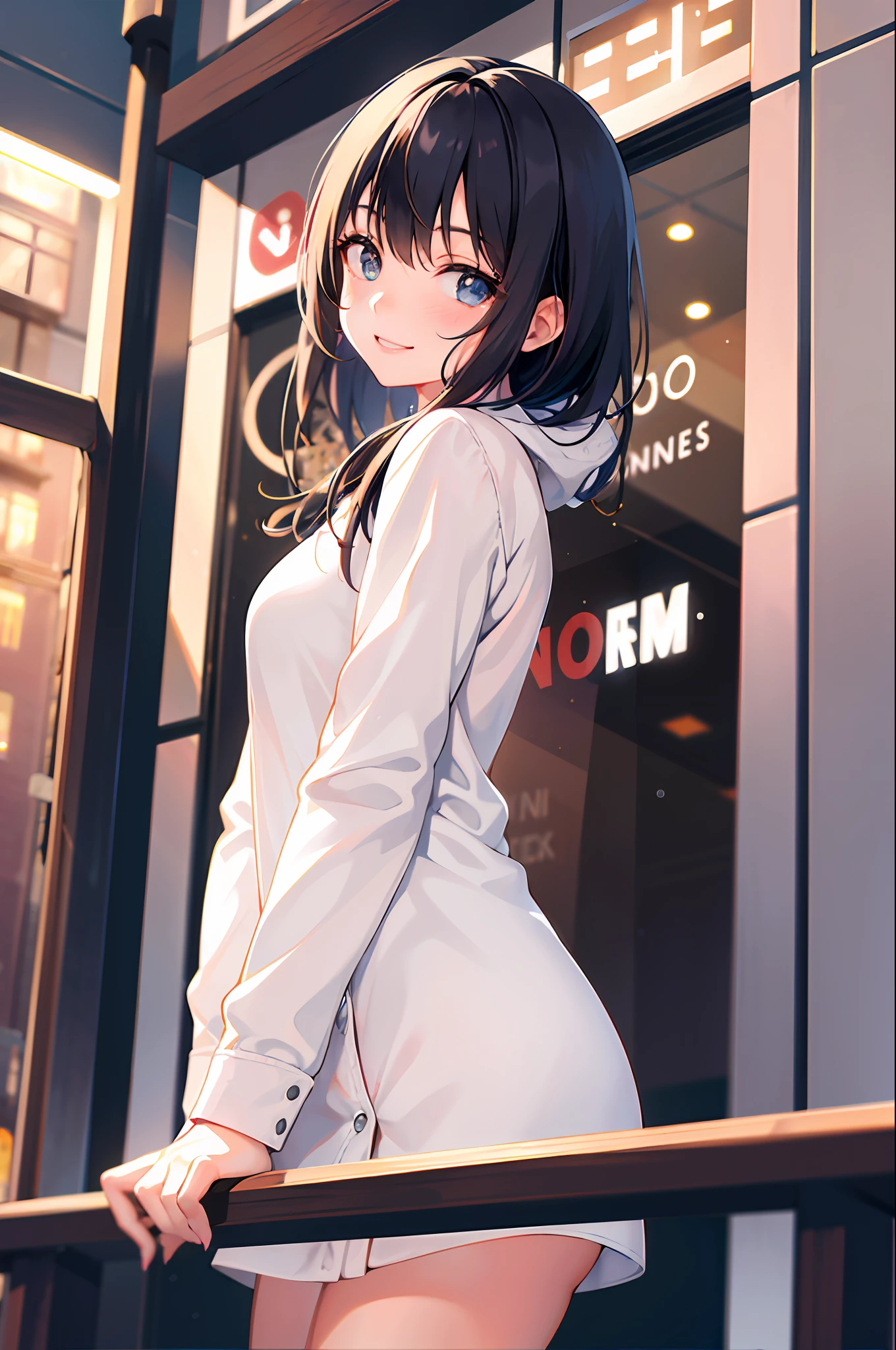 (morning), one girl, one, looking viewer, winter, cowboy shot, (downtown), cowboy shot, smile, black hair