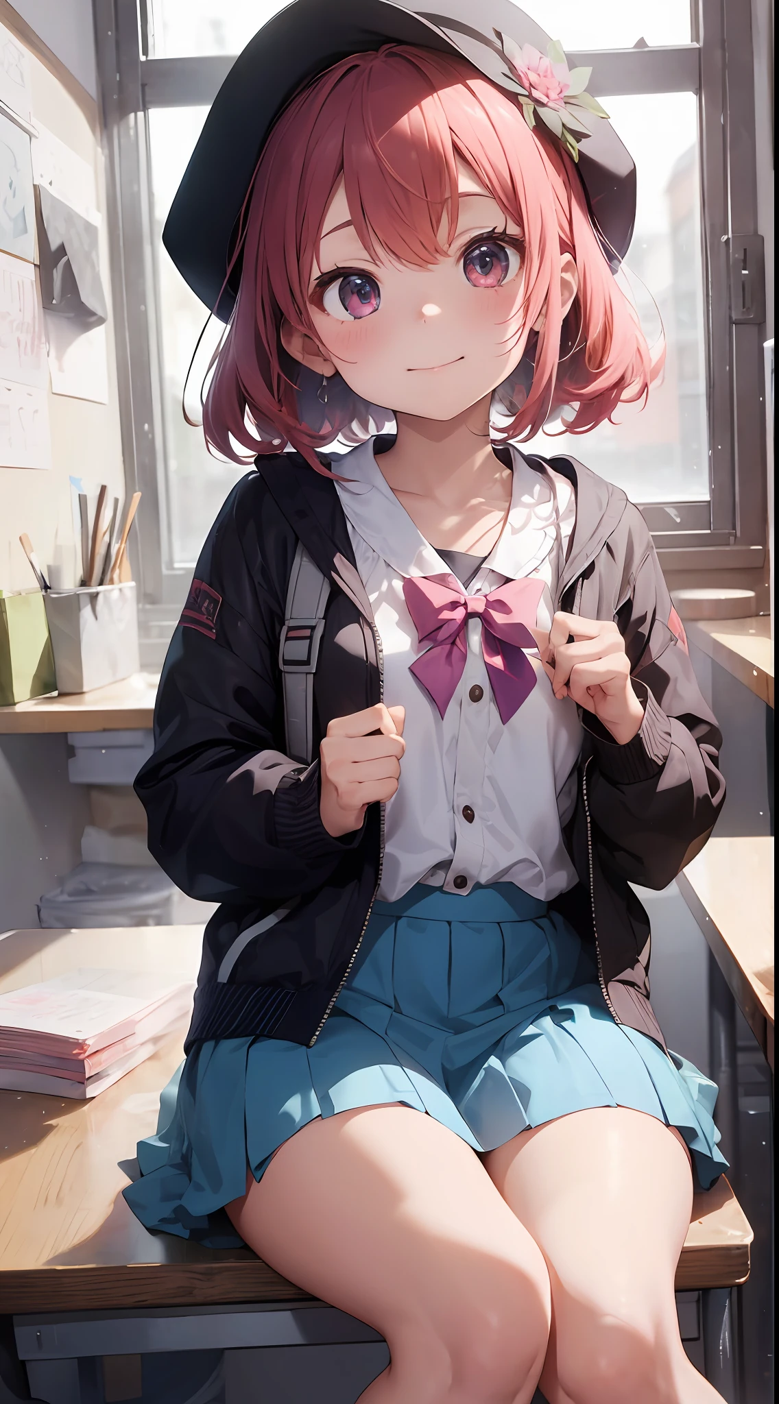 Masterpiece to the smallest detail、top-quality、1girl in、独奏、Looks like 5 years old、140cm petite beautiful girl、small tits、5 year old baby face、red hairs、Gradient bob in the forward、Pink and violet mesh、Tall, big eyes、Outstanding looks、A lovely child、proximity、closed_mouth、a smile、red blush、full of shyness、blue headwear、Hats、pink bowtie、校服、 Blue jacket、jaket、skirt by the、Gray skirt shirt、white shirt、an legs、Black socks、sitting on、Classroom、hair_ornament、looking_at_viewer、beatiful detailed eyes、Akame、panties on、lift up one's skirt、Professional effects、
