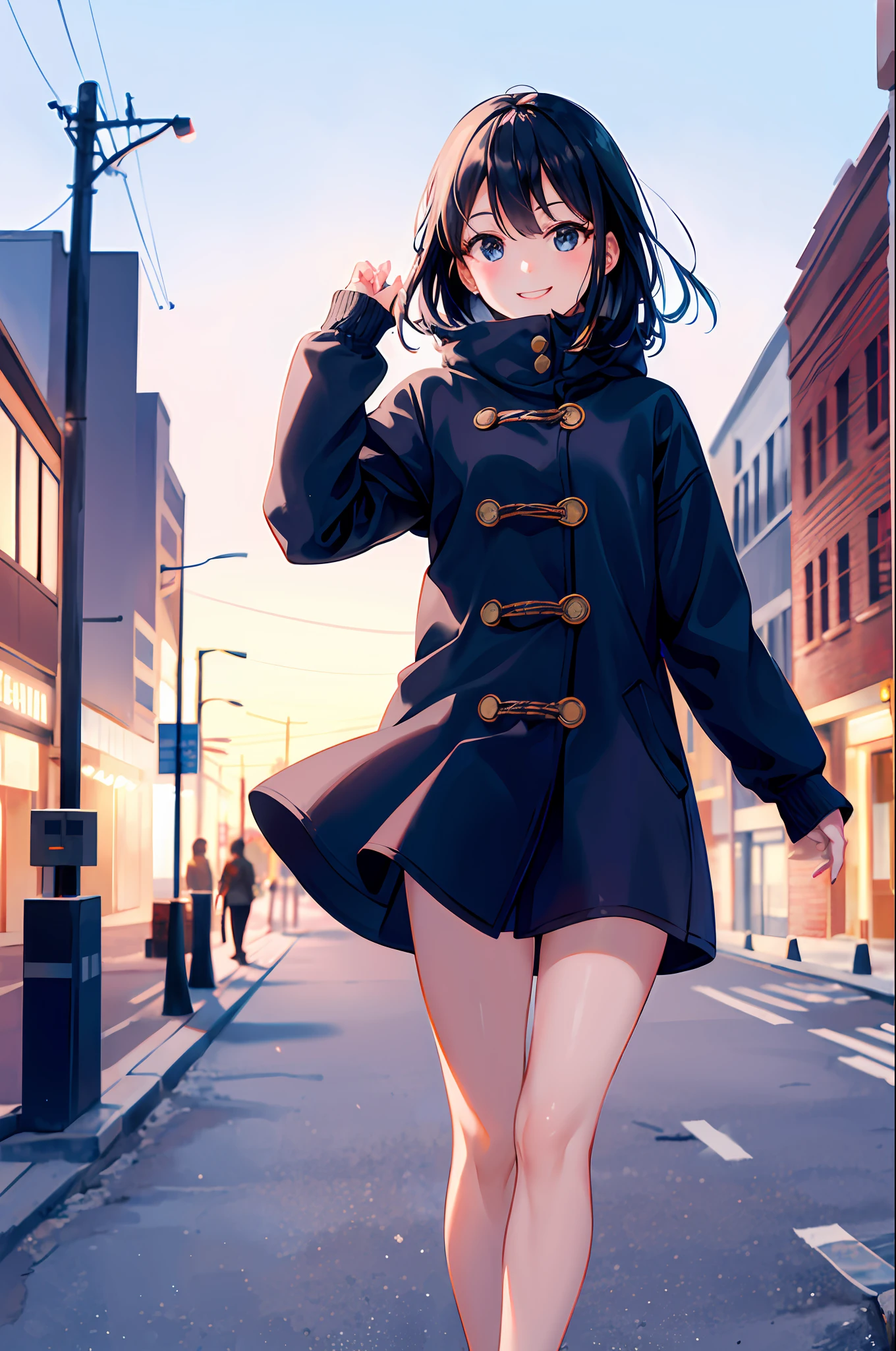 (morning), one girl, one, looking viewer, winter, cowboy shot, (downtown), cowboy shot, smile, black hair