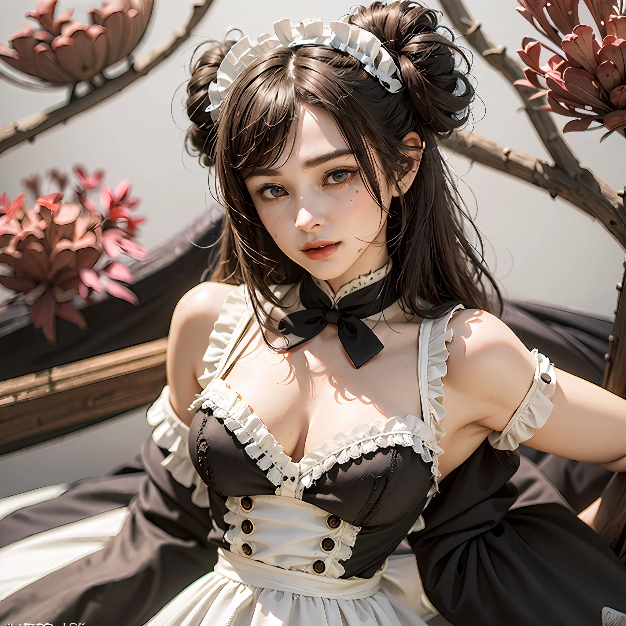 (64k, UHD, Raw photo, highes, Best Quality, mastepiece:2.0), (Ultra-fine depiction of details:3.0) a 18 yo woman, (JK in maid dress:1.9), (cowboy shot, full body shot:1.3), (long black hair, single braid bun, double bun), bright theme, cherry blossoms, (closed mouth with a faint happy smile), (perfect body, perfect figure), (perfect slender body), (medium breasts, sexy cleavage:0.7), (perfect, flawless, natural skin texture, hyperrealism, effective front light, sharp), (perfect and effective front lighting:1.4)