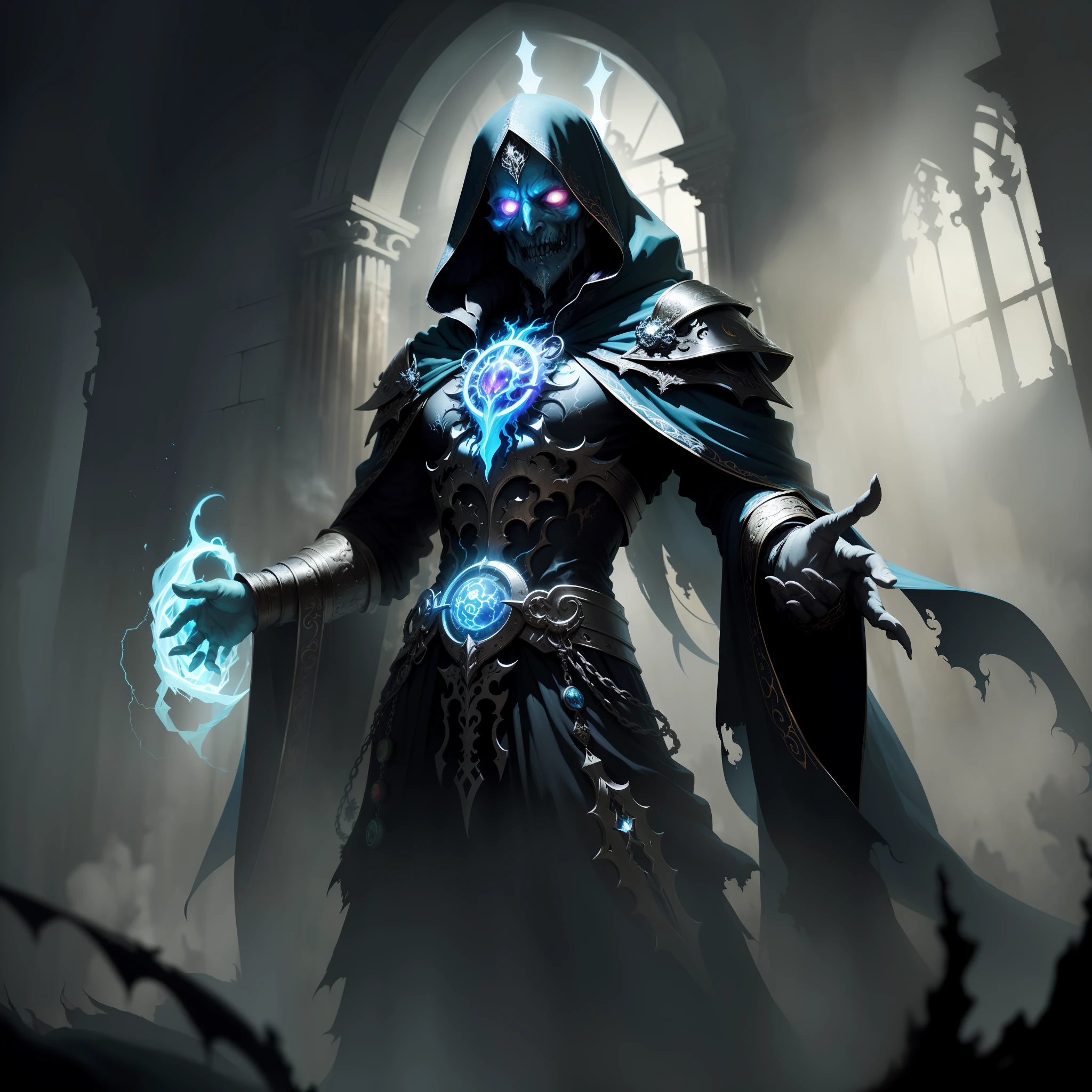 an awarded photography of Nagash - A god-like lich and master necromancer, with glowing eyes and draped in tattered, ethereal robes., at Rainbow: A stunning arch of colors across the sky, created by the dispersion of sunlight in raindrops. , masterpiece, ultrasharp, depth of field and boekh, best quality,