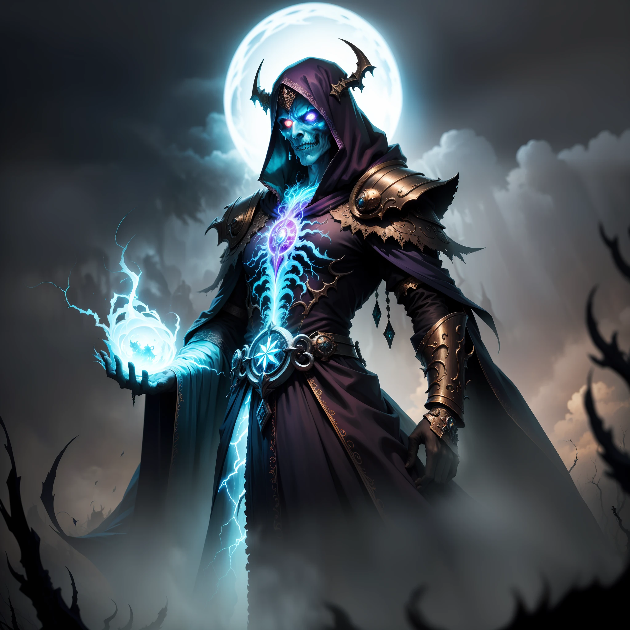 an awarded photography of Nagash - A god-like lich and master necromancer, with glowing eyes and draped in tattered, ethereal robes., at Rainbow: A stunning arch of colors across the sky, created by the dispersion of sunlight in raindrops. , masterpiece, ultrasharp, depth of field and boekh, best quality,