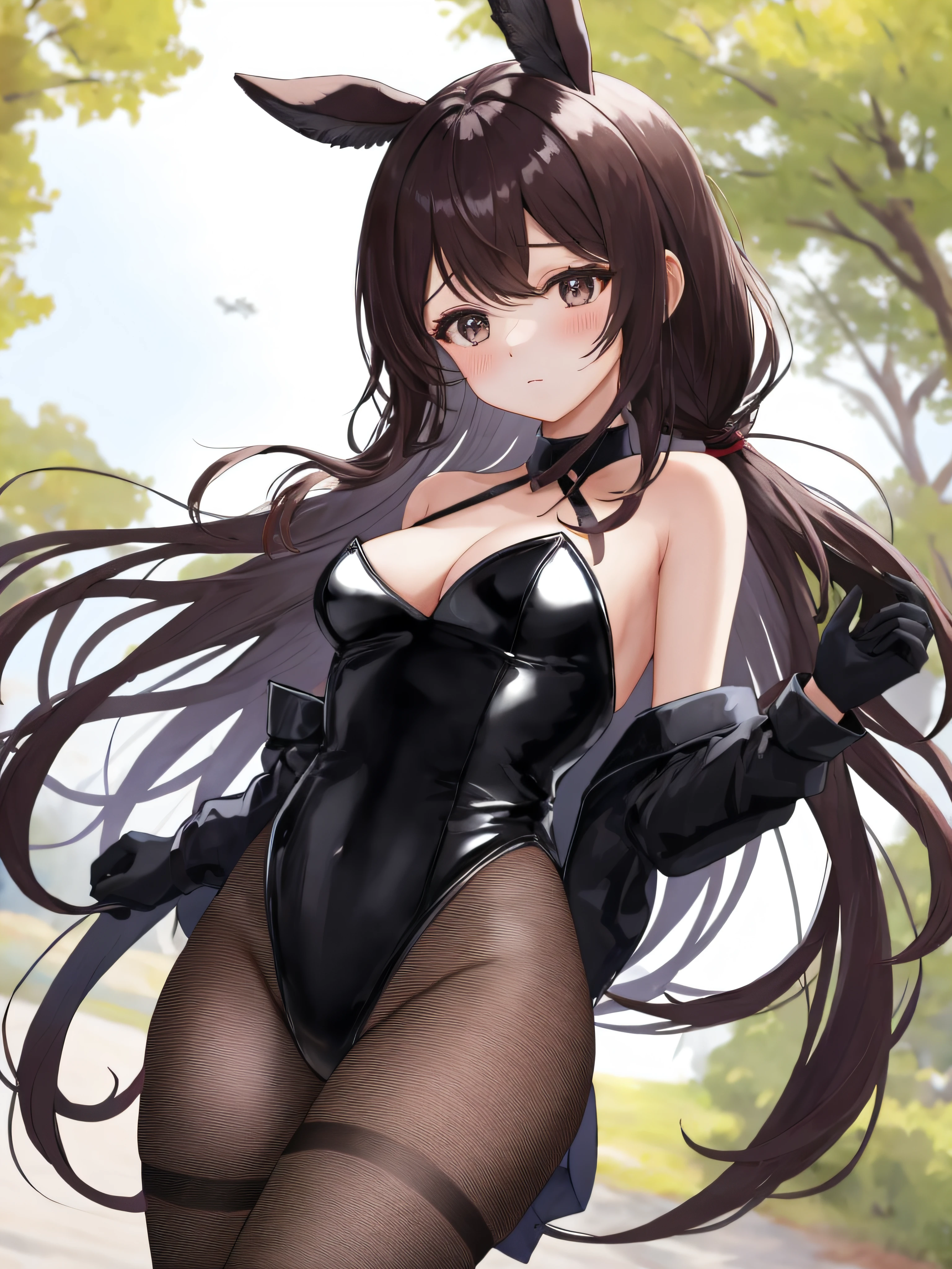 (Low ponytail)、Ivife, 1girl in, 独奏, breastsout, looking at the viewers, red blush, tiny chest, naturey, chii, The tree, a park, gloves, ngel, animal ear, cleavage of the breast, bare shoulders​, Very long hair, a closed mouth, (Black pantyhose), horse ear, Black Leotard,Black fishnet stockings、 Black Playboy Bunny, Dark hair、black eyes、Angle from below、A slender