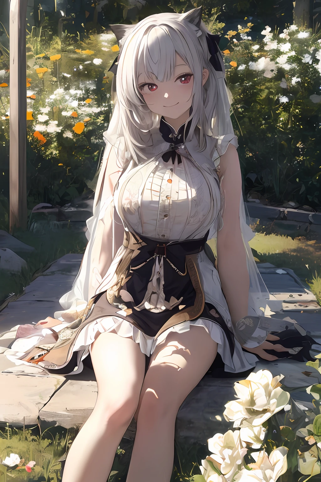 top-quality, 4k wallpaper, ​masterpiece, Highly detailed CG Unity 8k wallpapers, extremely detailed eye, ultra-detailliert, 1girl, 独奏, middlebreast, Ollie, zombie_skin, O cabelo multicolorido, multicolored eyes, Twin-tailed hair, 耳Nipple Ring, style-bridal, plein air, natta, burial site, Look at viewers, a smile, is standing, feet crossed, The upper part of the body,