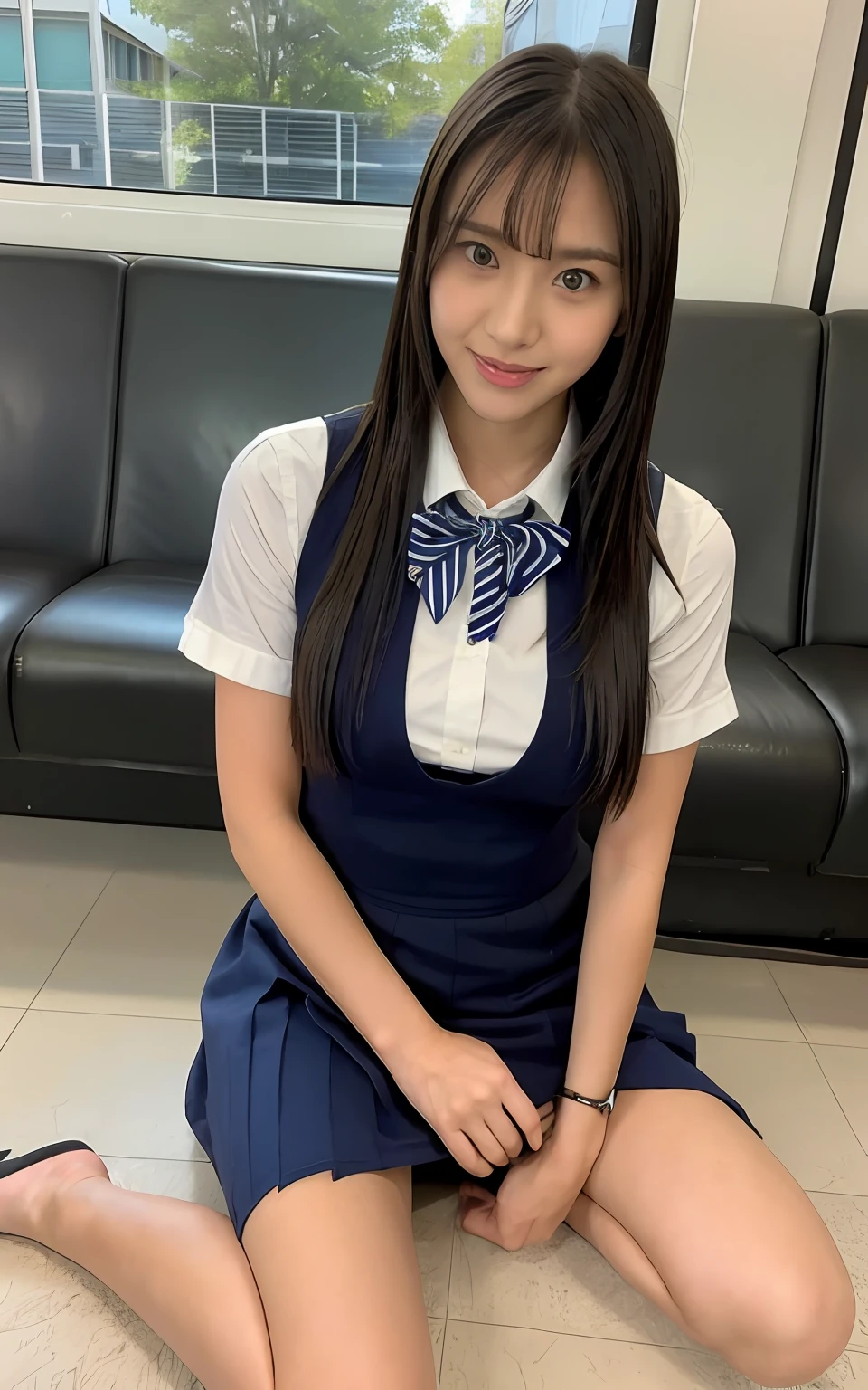 High angle shot, arafed asian woman in a short skirt and bow tie sitting on a train, cute schoolgirl, japanese girl school uniform, wearing japanese school uniform, japanese school uniform, a hyperrealistic schoolgirl, dressed as schoolgirl, hyperrealistic schoolgirl, wearing school uniform, realistic schoolgirl, girl wearing uniform, wearing a school uniform, of a schoolgirl posing, full body, nice skin, glowing skin, nice thighs,glowing thigh, glowing legs, barefoot