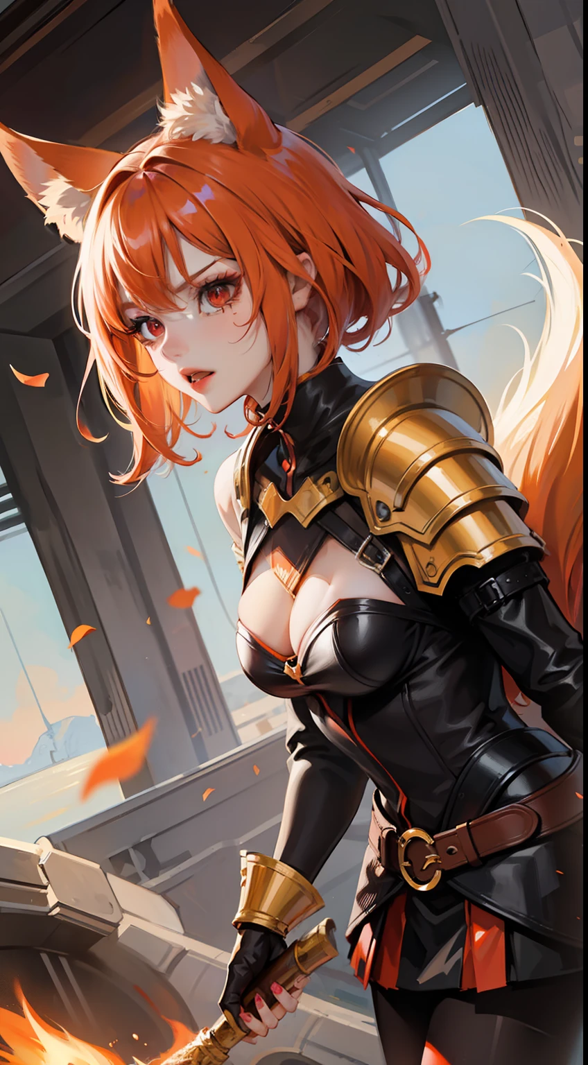 Adult woman, llong orange hair, Fox ears, red-eyes, Tight Korean armor, anger, Masterpiece, hiquality