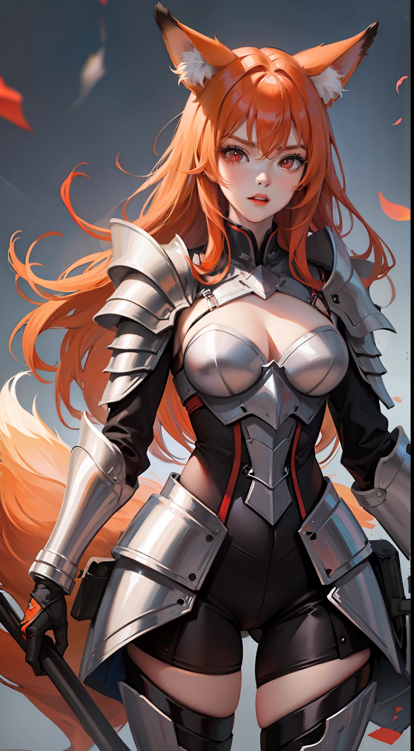 Adult woman, llong orange hair, Fox ears, red-eyes, Tight Korean armor, anger, Masterpiece, hiquality