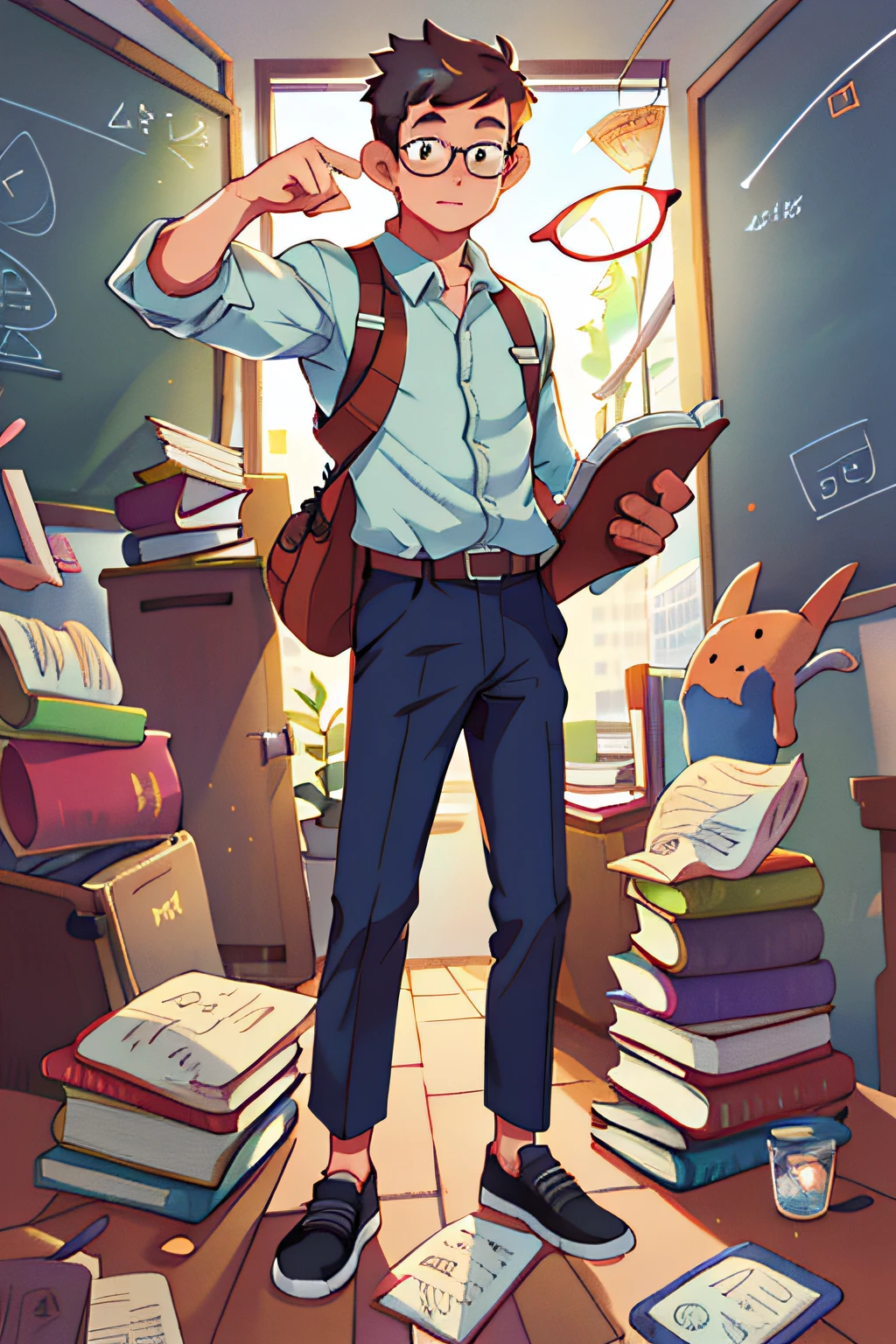 A teacher,Full body photo,Frontal photo,solo person,male people,eye glass,cartoonish style,Two-headed body,In lectures,Solo,holding books