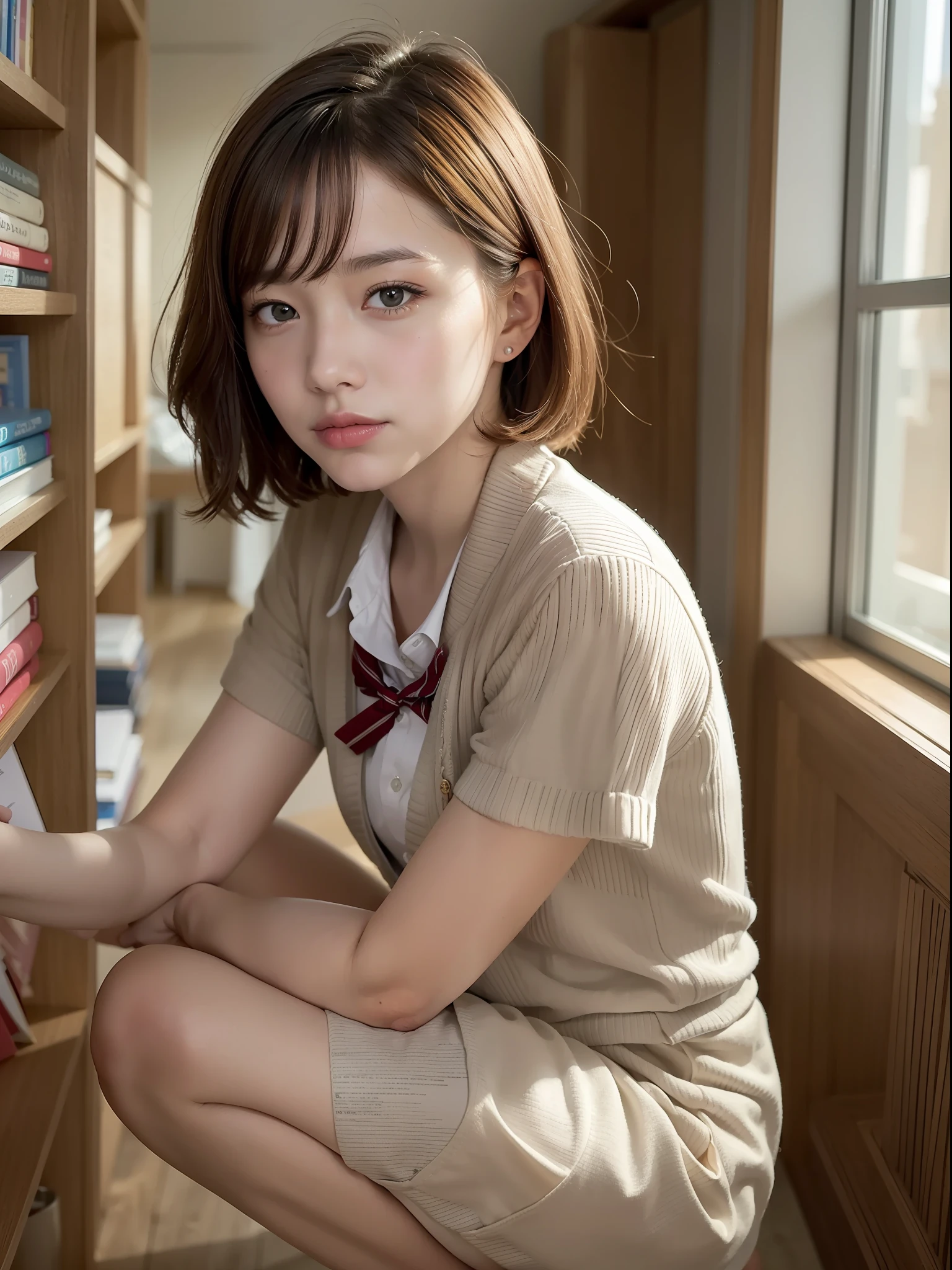 ((top quality, 8k, masterpiece: 1.3, raw photo)), Sharp Focus: 1.2, (1 aespa girl :1.1), (SOLO), (Realistic, Photorealistic: 1.37), (face focus: 1.1), cute face, ultra detailed face, small breasts, flat chest, (school uniform, squatting), short messy hair, small smile, hotel Suite of room, books