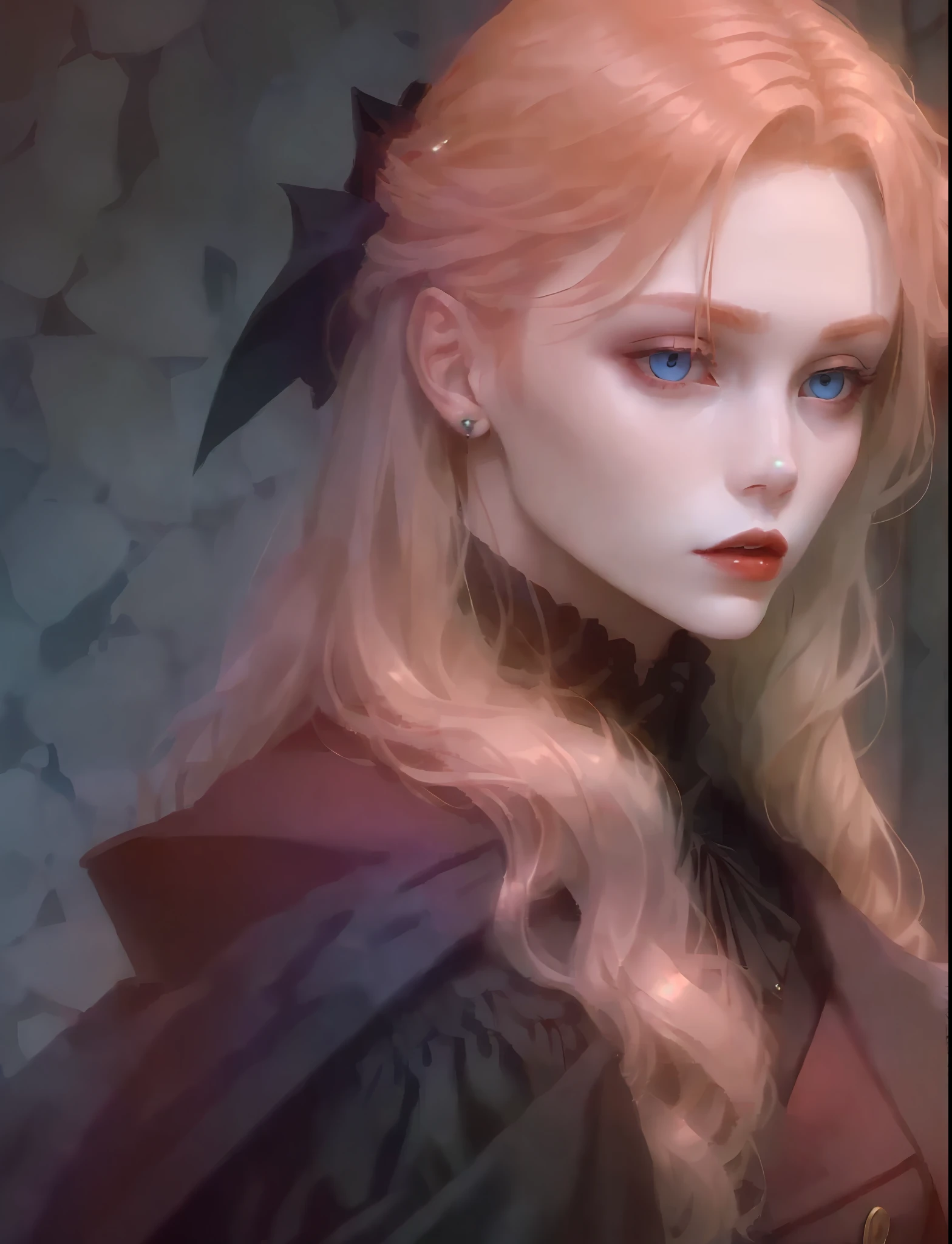 blond hair vampire women with red lips, blue eyes,black overcoat, realistc --auto --s2