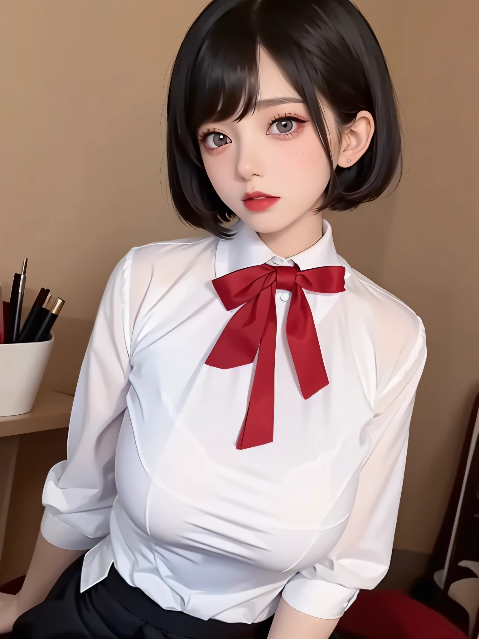 White shirt and red lips,short detailed hair,black big eyes,Young and lovely face,cute female ,JK school uniform,pleatedskirt,high qulity,tmasterpiece,4K,独奏