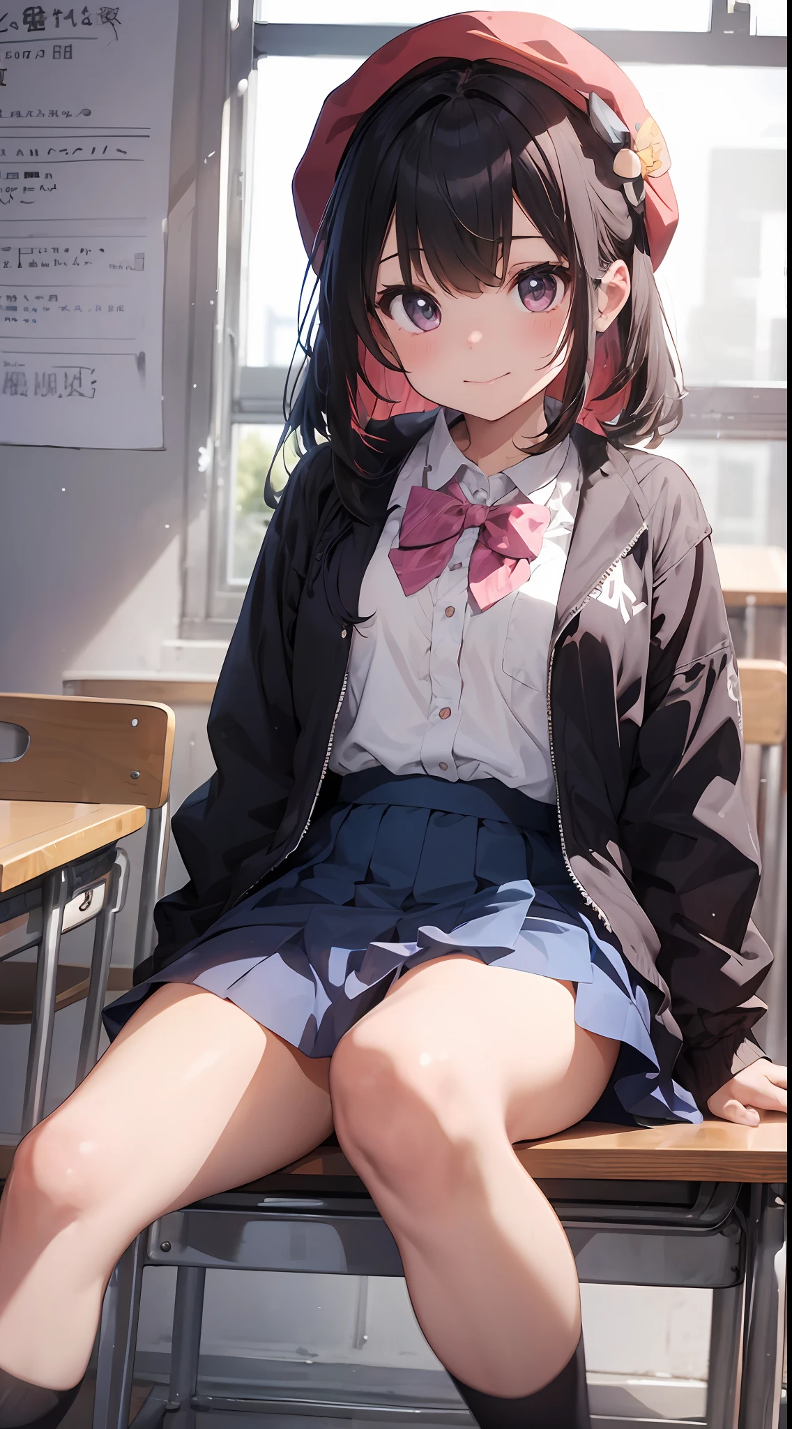 Masterpiece to the smallest detail、top-quality、1girl in、独奏、Looks like 5 、150cm petite beautiful girl、small tits、5 year old s、Gradient bob in the forward、Pink and violet mesh、Tall, big eyes、Outstanding looks、A lovely child、proximity、closed_moutmile、red blush、full of shyness、blue headwear、Hats、pink bowtie、校服、 Blue jacket、jaket、skirt by the、Gray skirt shirt、white shirt、an legs、Black socks、sitting on、Classroom、hair_ornament、looking_at_viewer、beatiful detailed eyes、Akame、panties on、lift up one's skirt、Professional effects、