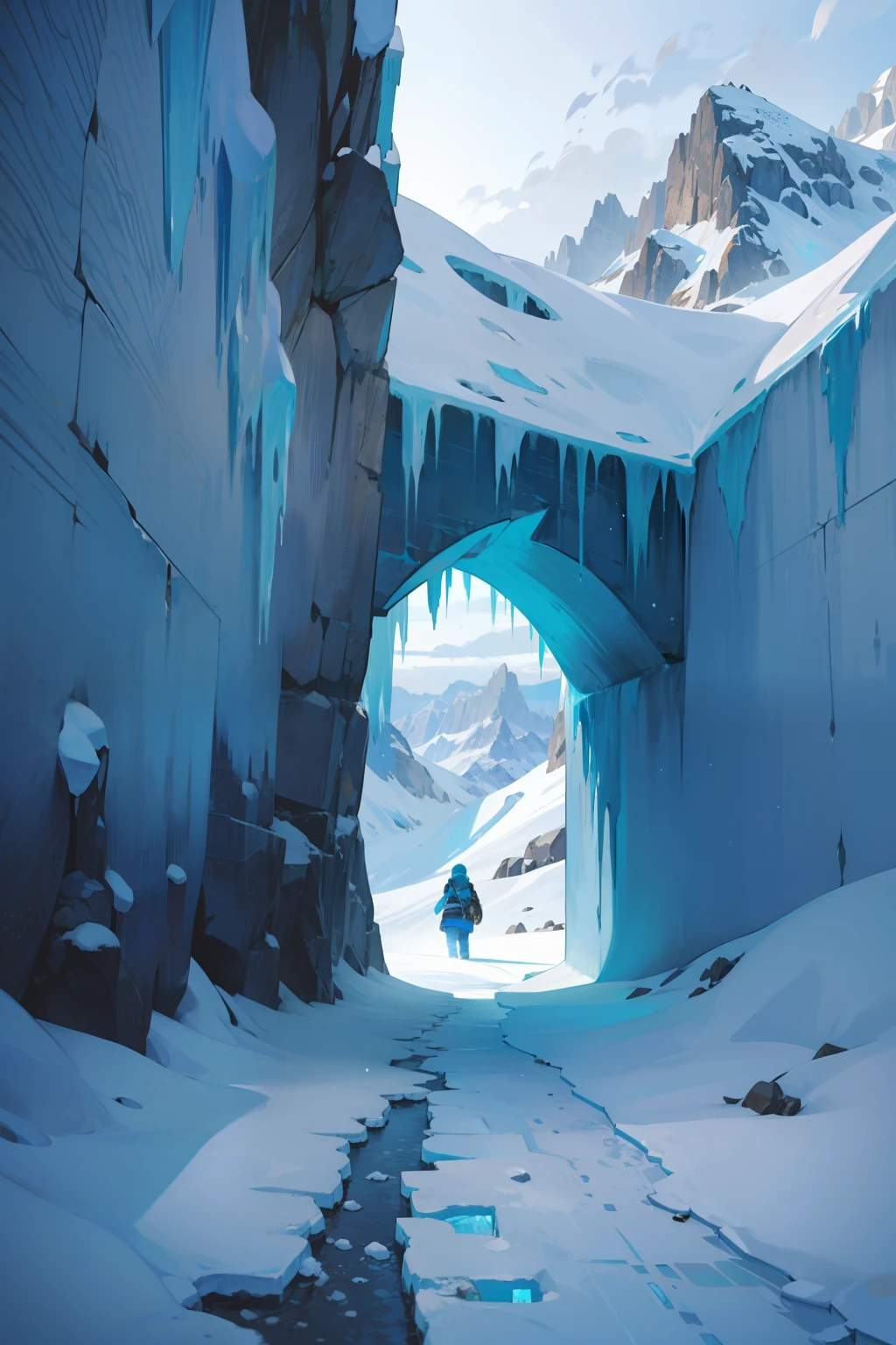 The ice wall cracks,blue colors,Winters,Ice and snow,Front piercing,hole in the mountains,Turn your head and break the hole