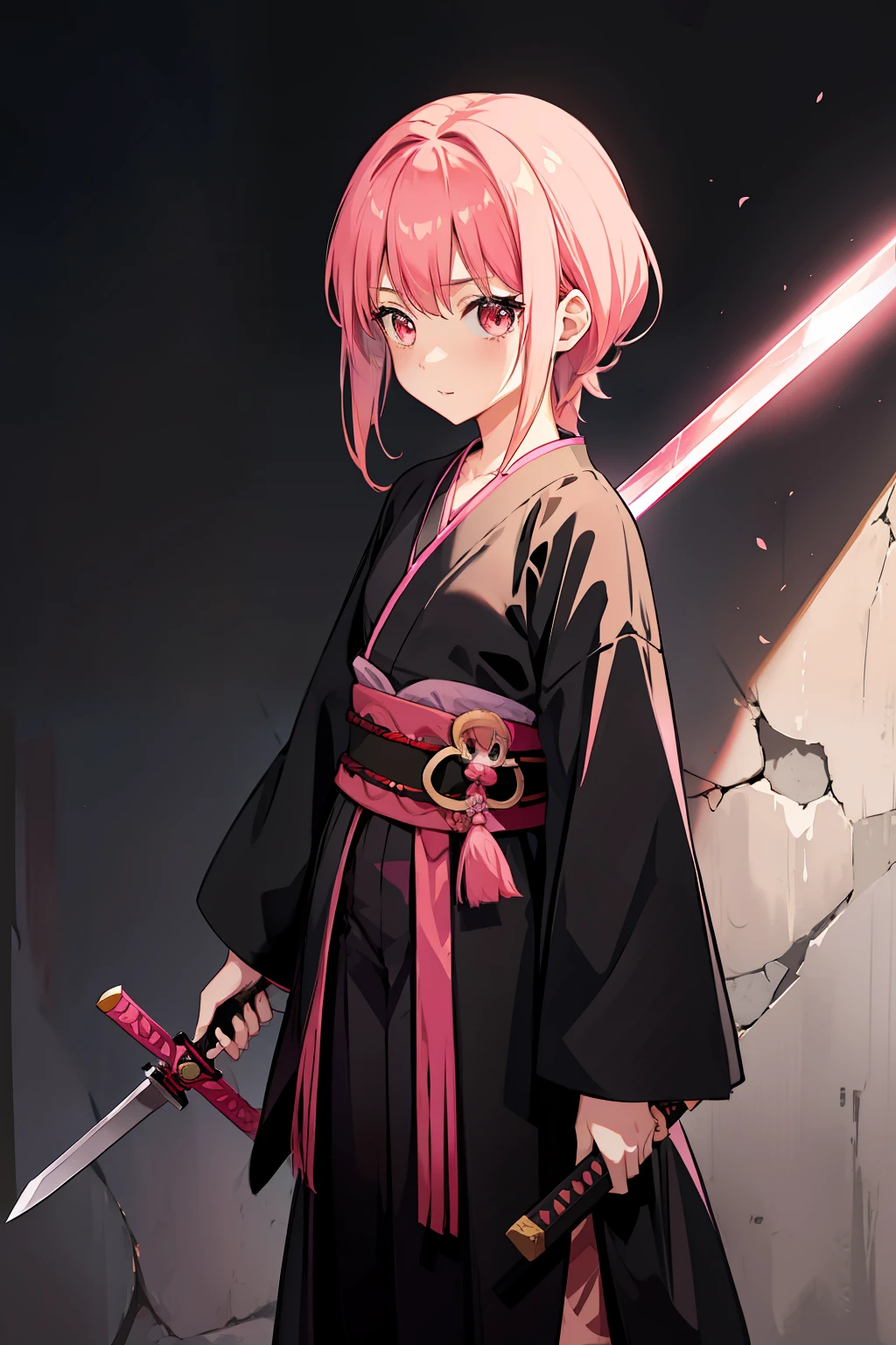 anime girl with pink hair holding a sword and a sword, short pink hair, black kimono, Cute loli, a flat chest, Conservative clothing, Mushroom head