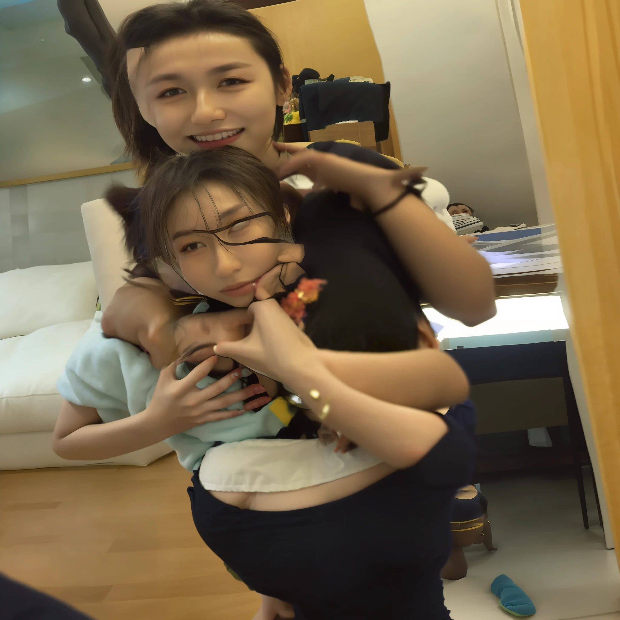 there is a man and woman taking a selfie in a mirror, Holding Hopsh, arm around her neck, blurry image, hands behind her body pose!, hands behind her pose!, with her long, 1 , very very low quality, hug, 1 8 I, taken with the best dlsr camera, 2 2 years oldold