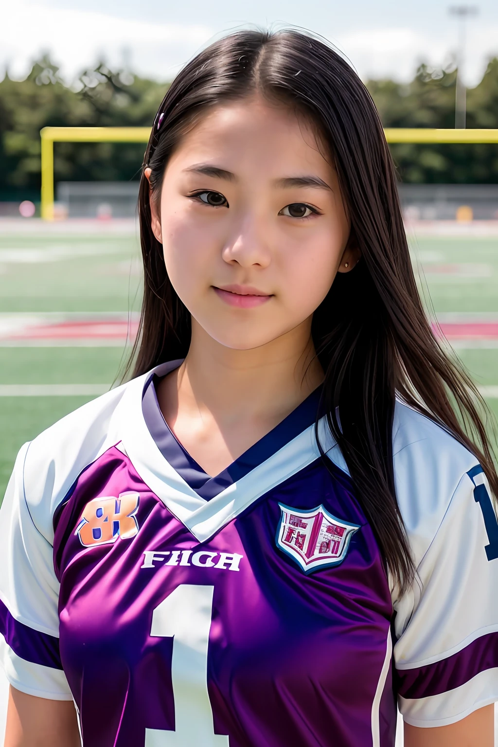 RAW photo, (closeup:1.2), portrait photo of japanese girl, lilac & white football jersey, football field, action pose, natural skin, 8k uhd, high quality, film grain, Fujifilm XT3