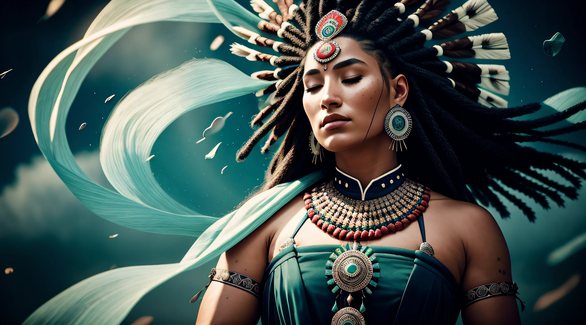 (full portrait), (half shot), solo, detailed background, detailed face, (stonepunkAI, stone theme:1.1), wise, (female), (native american), (beautiful hair, braids:0.2), shaman, (septum piercing), mystical, (gorgeous face, perfect qcd_face:0.3), stunning, (head tilted back:0.3), (eyes closed, serene expression), calm, meditating, Seafoam Green frayed clothes, prayer beads, tribal jewelry, feathers in hair, headdress:0.33, jade, obsidian, detailed clothing, cleavage, realistic skin texture, (floating particles, water swirling, embers, ritual, whirlwind, wind:1.2), sharp focus, volumetric lighting, good highlights, good shading, subsurface scattering, intricate, highly detailed, ((cinematic)), dramatic, (highest quality, award winning, masterpiece:1.5), (photorealistic:1.5), (intricate symmetrical warpaint:0.6),