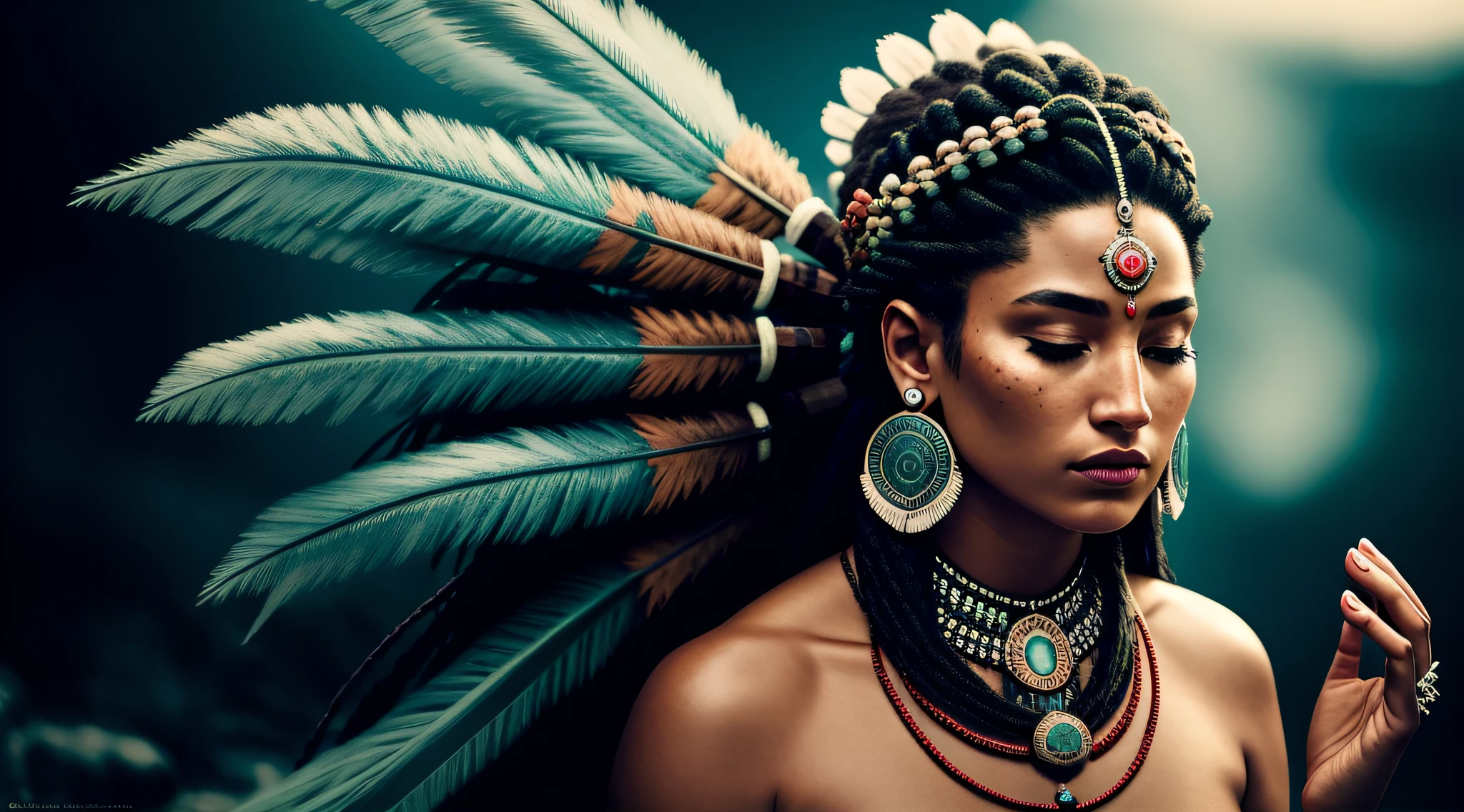 (full portrait), (half shot), solo, detailed background, detailed face, (stonepunkAI, stone theme:1.1), wise, (female), (native american), (beautiful hair, braids:0.2), shaman, (septum piercing), mystical, (gorgeous face, perfect qcd_face:0.3), stunning, (head tilted back:0.3), (eyes closed, serene expression), calm, meditating, Seafoam Green frayed clothes, prayer beads, tribal jewelry, feathers in hair, headdress:0.33, jade, obsidian, detailed clothing, cleavage, realistic skin texture, (floating particles, water swirling, embers, ritual, whirlwind, wind:1.2), sharp focus, volumetric lighting, good highlights, good shading, subsurface scattering, intricate, highly detailed, ((cinematic)), dramatic, (highest quality, award winning, masterpiece:1.5), (photorealistic:1.5), (intricate symmetrical warpaint:0.6),