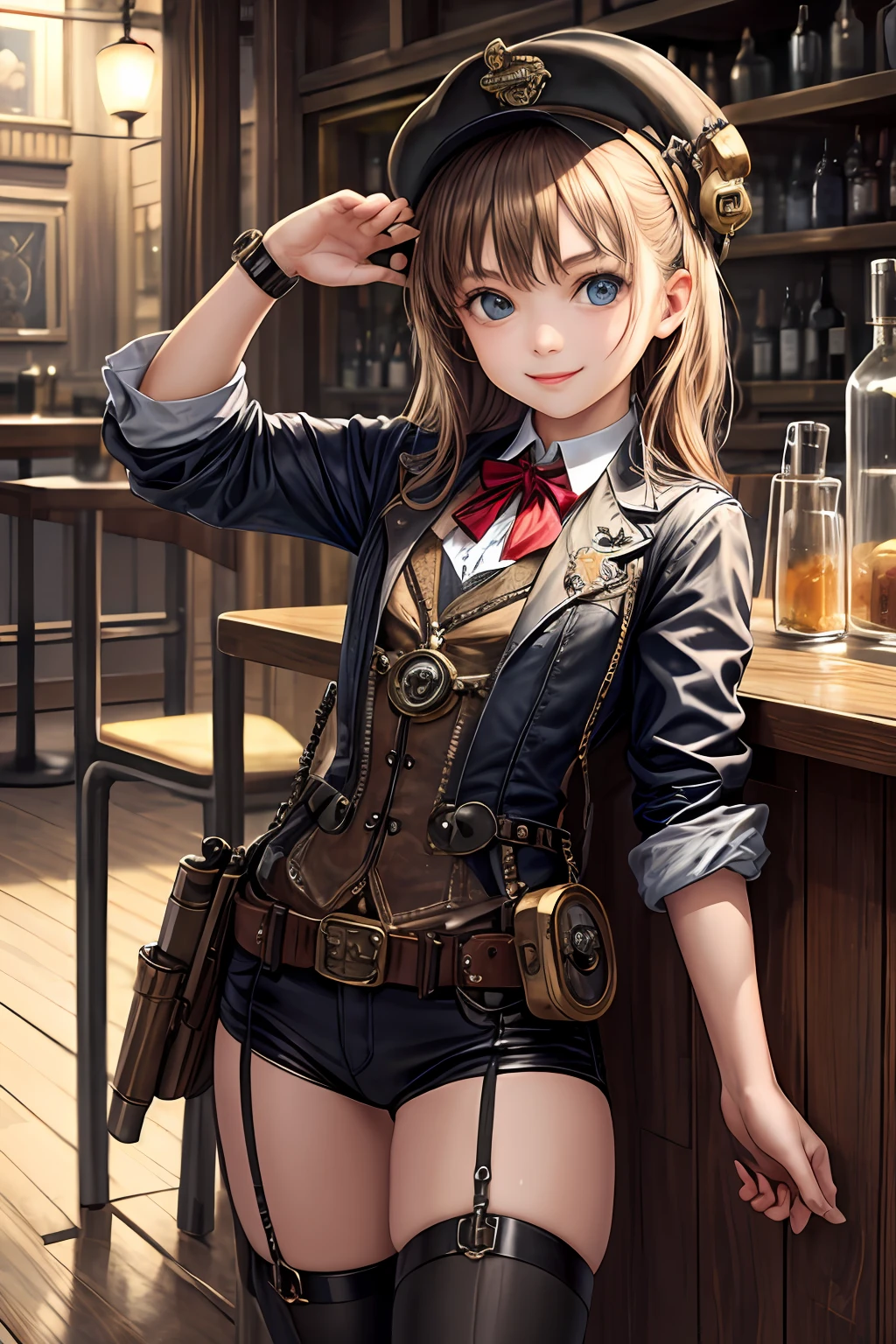 masterpiece, best quality, steampunk, western, cowgirl in bar, gun arm, mechanical arm, mechanical legs, realistic, li, petite,10yo, revolver, smile