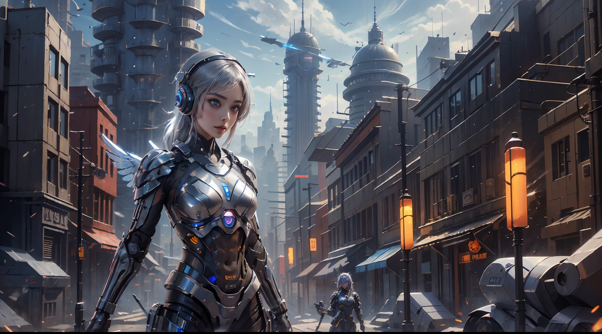 Girl in futuristic suit holding weapon，In front of the city of gunsmoke，Gunsmoke Street，battlefiled， Real women，Real face，cute female child， The perfect cyborg girl，Wearing sci-fi headphones， Beautiful female ，beautiful girl cyborg，silber hair，robotic hand，CG，4K,dramatics，Large breasts，the night，Mechanical wings，cyber punk perssonage，（large wings：1.8）