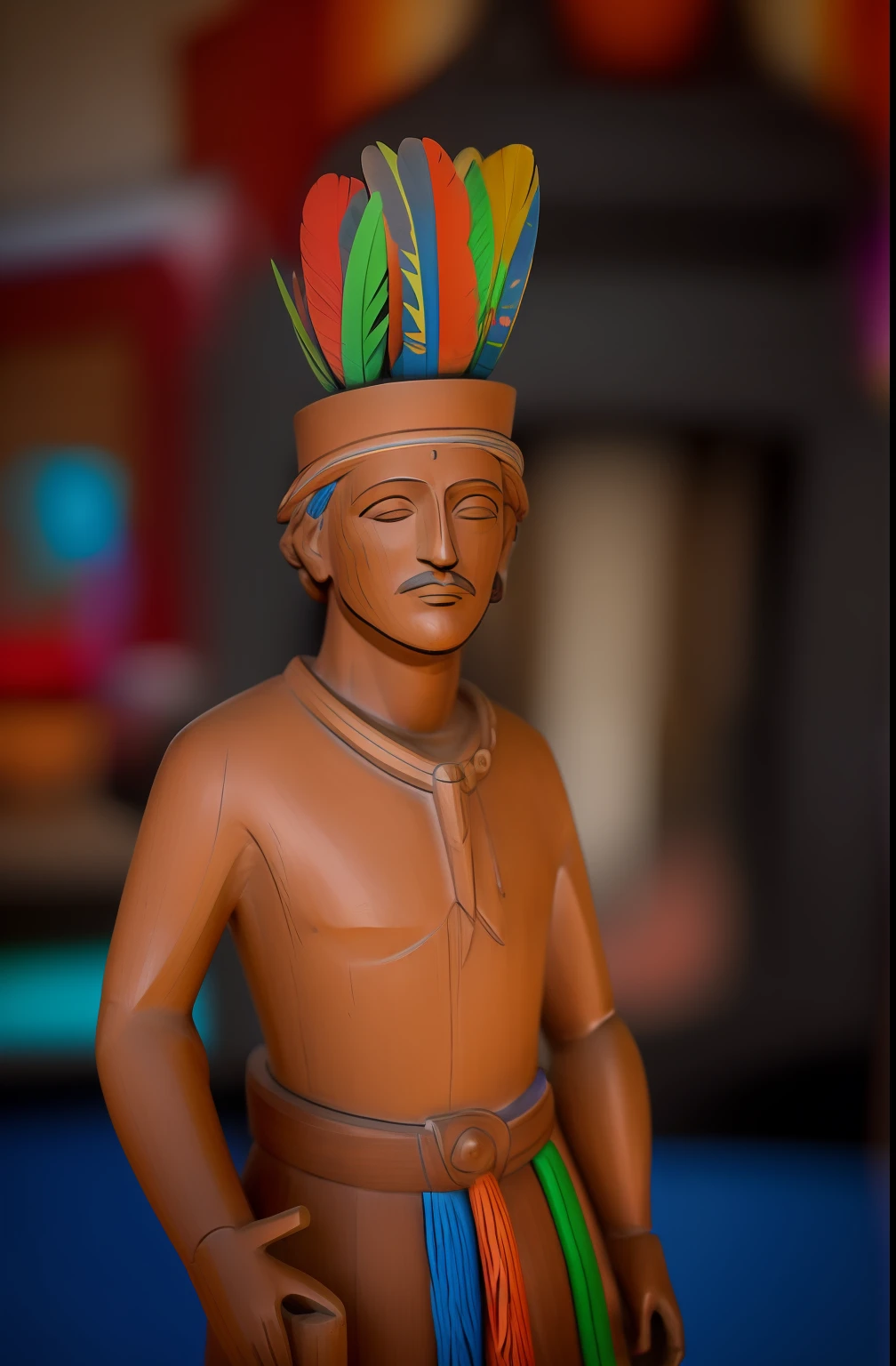 Arafed statue of a man with a colorful headdress and a feather hat, Deus asteca, tiny statue on display, an unknown ethnographic object, Figura de argila 3D, wooden statue, mystical figure