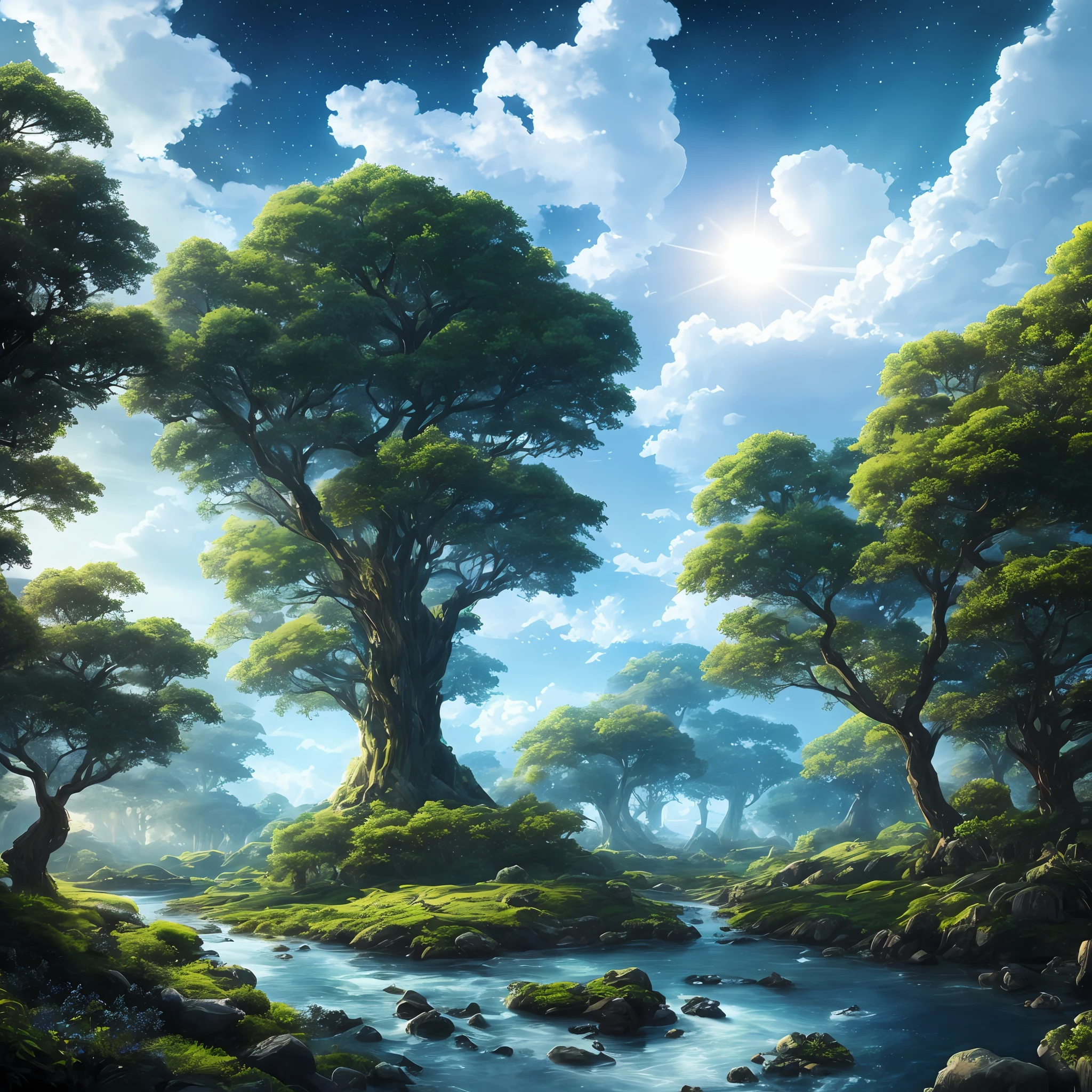 Illustration of a hyperrealistic , otherworldly, ultrasky scene featuring a giant crystal tree full body,very detailed and magical lighting, intricate forest details, vegetation and river around, solarpunk ,landscape, giant tree, beatifull leafy with beautiful lighting and realistic proportions, as if it were a cinematic background, 8k, highest quality, masterpiece, clouds and stars in the sky.