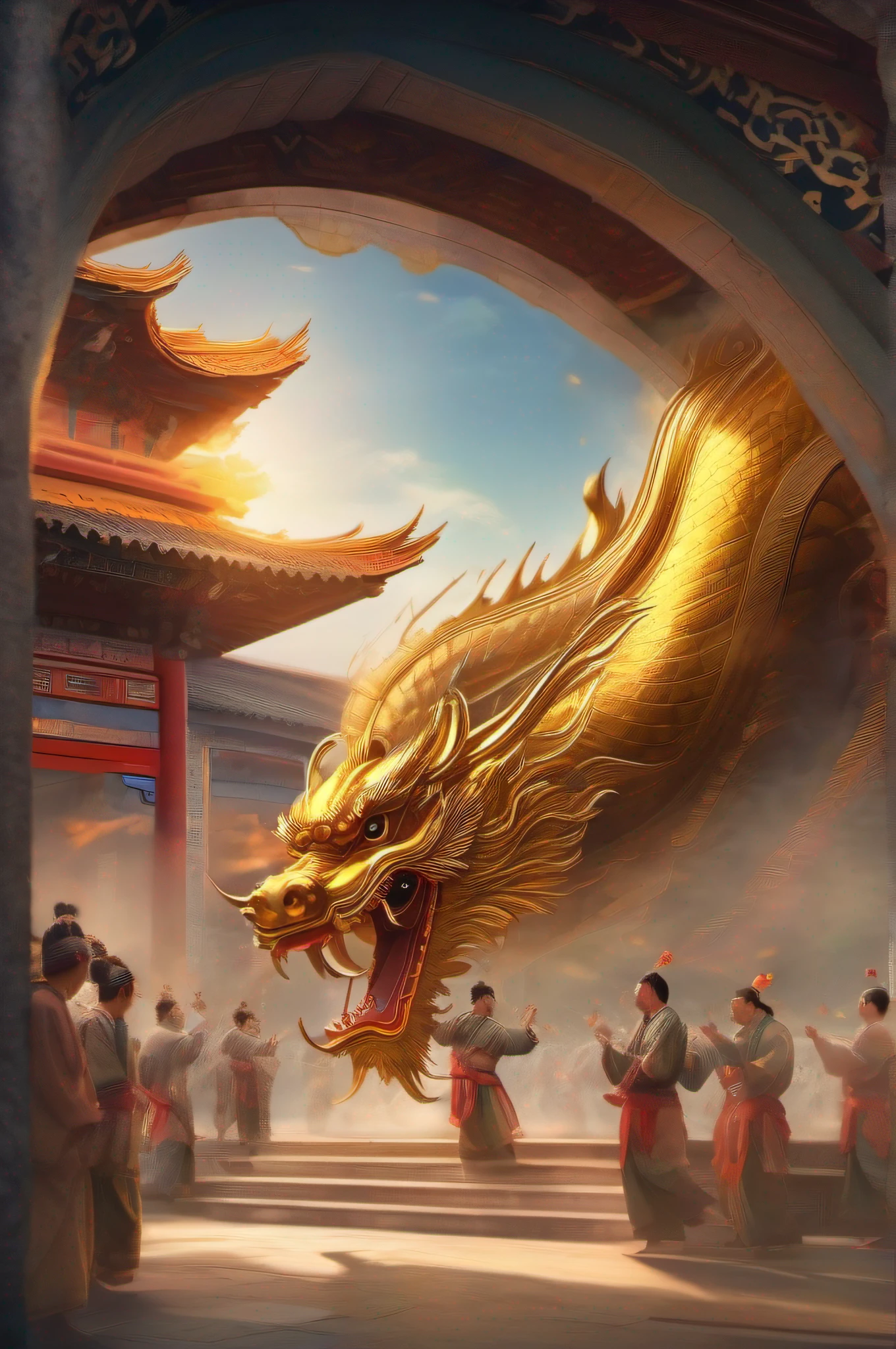 Chinese dragons soar in the sky,The saint dances on the stage under the dome,The crowd cheered and watched from the ancient buildings on both sides of the stage,Golden sunlight shines on everyone,Ancient Tang Dynasty style,Prosperity,Cinematic texture,high-definition picture quality,A magnificent sense of déjà vu,Reasonable vista composition