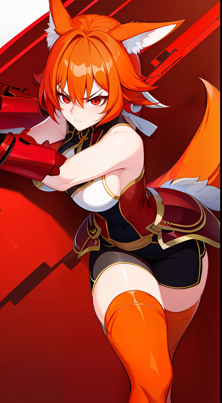 Adult woman, llong orange hair, Fox ears, red-eyes, Tight Korean armor, anger, Masterpiece, hiquality