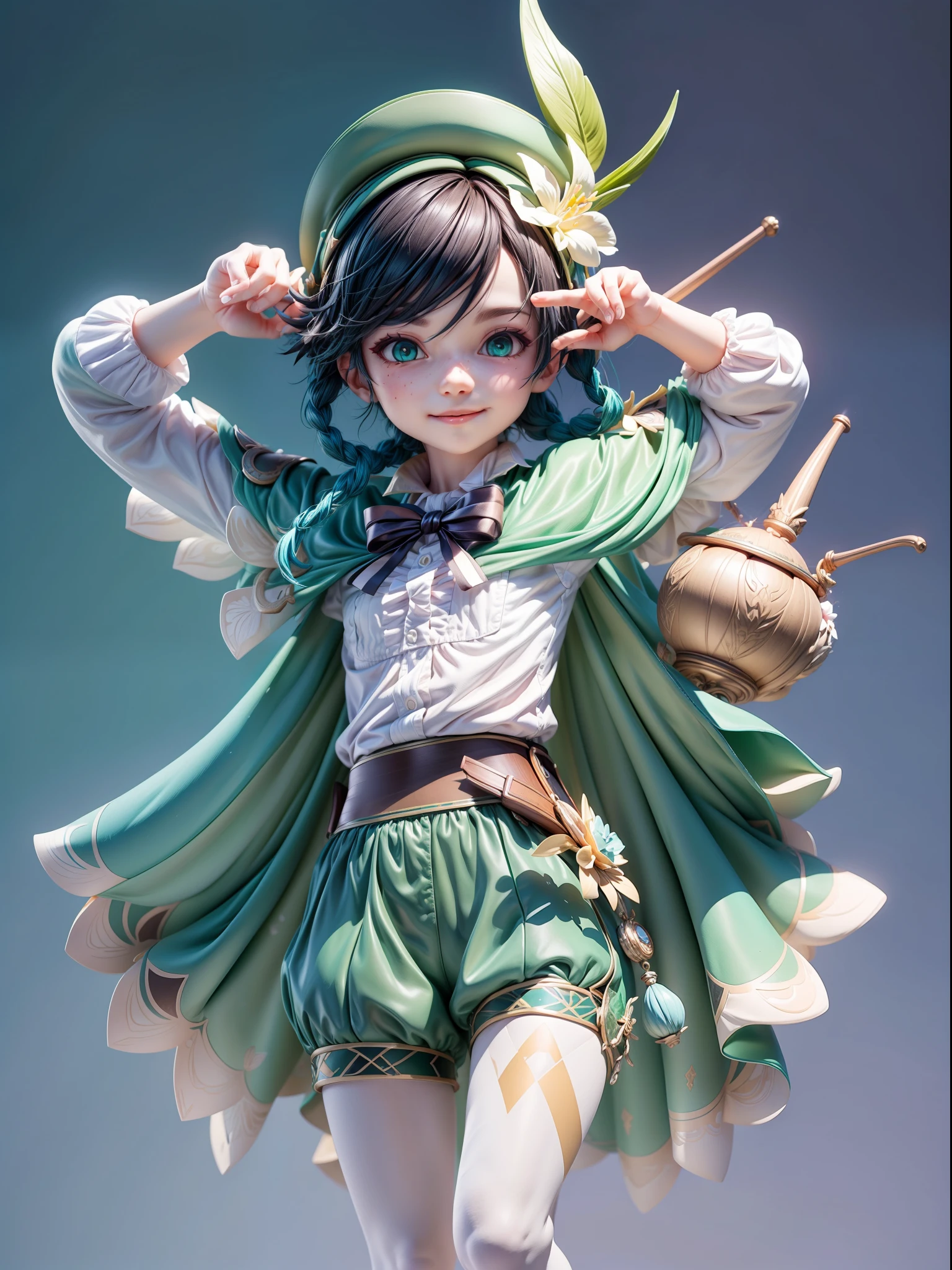 (Blind box toy style:1.3), (Full body shot) , 1 masterpiece, Best quality, ((anatomy correct，1 boy solo)),((venti:1.2)) (genshin impact), lyre, black hair, hat, smile, braid, long sleeves, twin braids, gradient hair, multicolored hair, instrument, pantyhose, , bow, shorts, blue hair, green headwear, beret, white pantyhose, green shorts, collared cape, bangs, butterfly, holding instrument, white flower, shirt, jewelry, looking at viewer, bug, white shirt, brooch, cape, androgynous, frilled sleeves,dreamy glow,plastic style, Clean, Clean white background （circular base）( Global illumination, Ray traching, hdr, unreal render,reasonable design, high detal, Masterpiece, Best quality, hyper HD, Cinematic lighting)