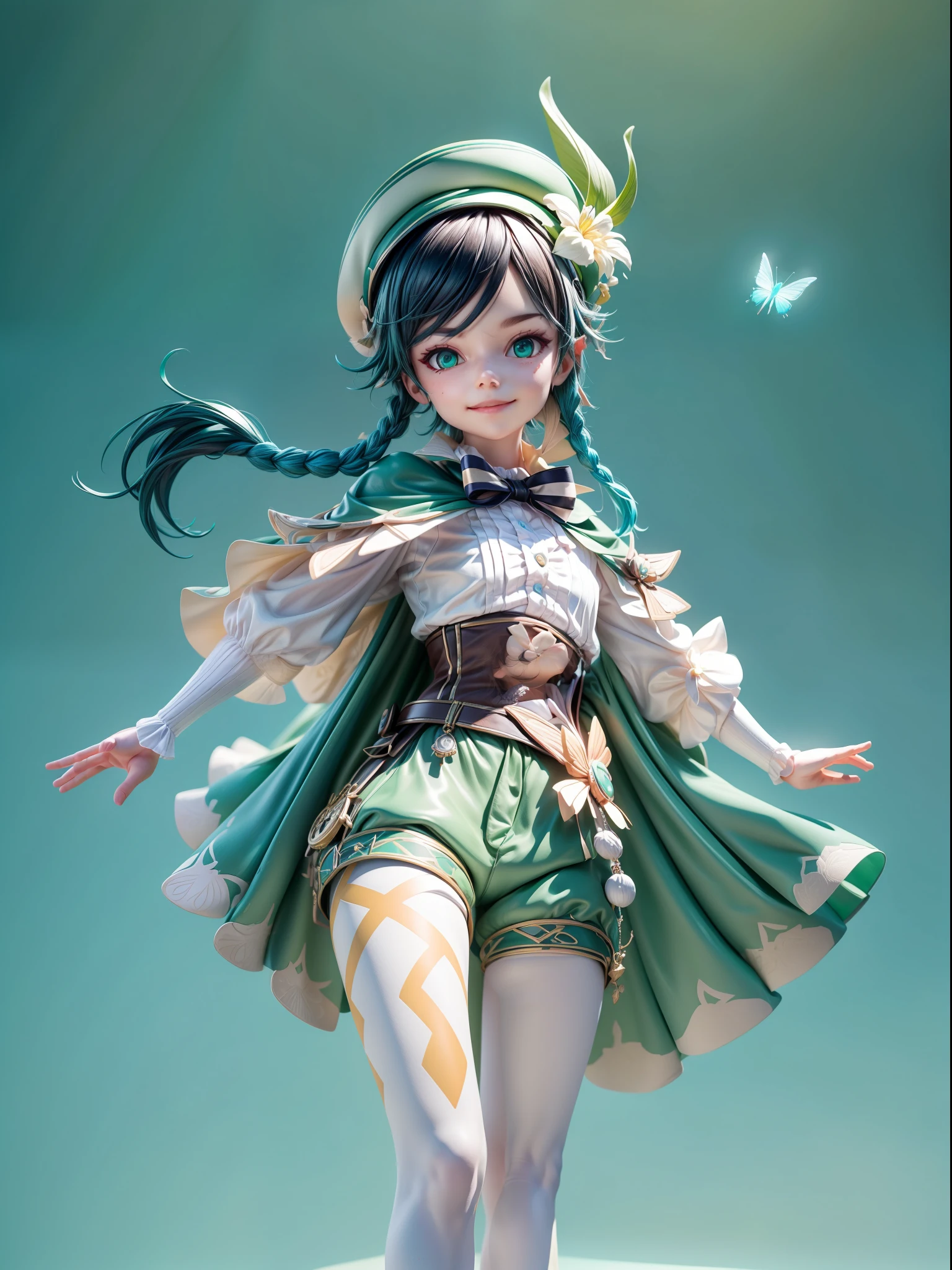 (Blind box toy style:1.3), (Full body shot) , 1 masterpiece, Best quality, ((anatomy correct，1 boy solo)),((venti:1.2)) (genshin impact), lyre, black hair, hat, smile, braid, long sleeves, twin braids, gradient hair, multicolored hair, instrument, pantyhose, , bow, shorts, blue hair, green headwear, beret, white pantyhose, green shorts, collared cape, bangs, butterfly, holding instrument, white flower, shirt, jewelry, looking at viewer, bug, white shirt, brooch, cape, androgynous, frilled sleeves,dreamy glow,plastic style, Clean, Clean white background （circular base）( Global illumination, Ray traching, hdr, unreal render,reasonable design, high detal, Masterpiece, Best quality, hyper HD, Cinematic lighting)