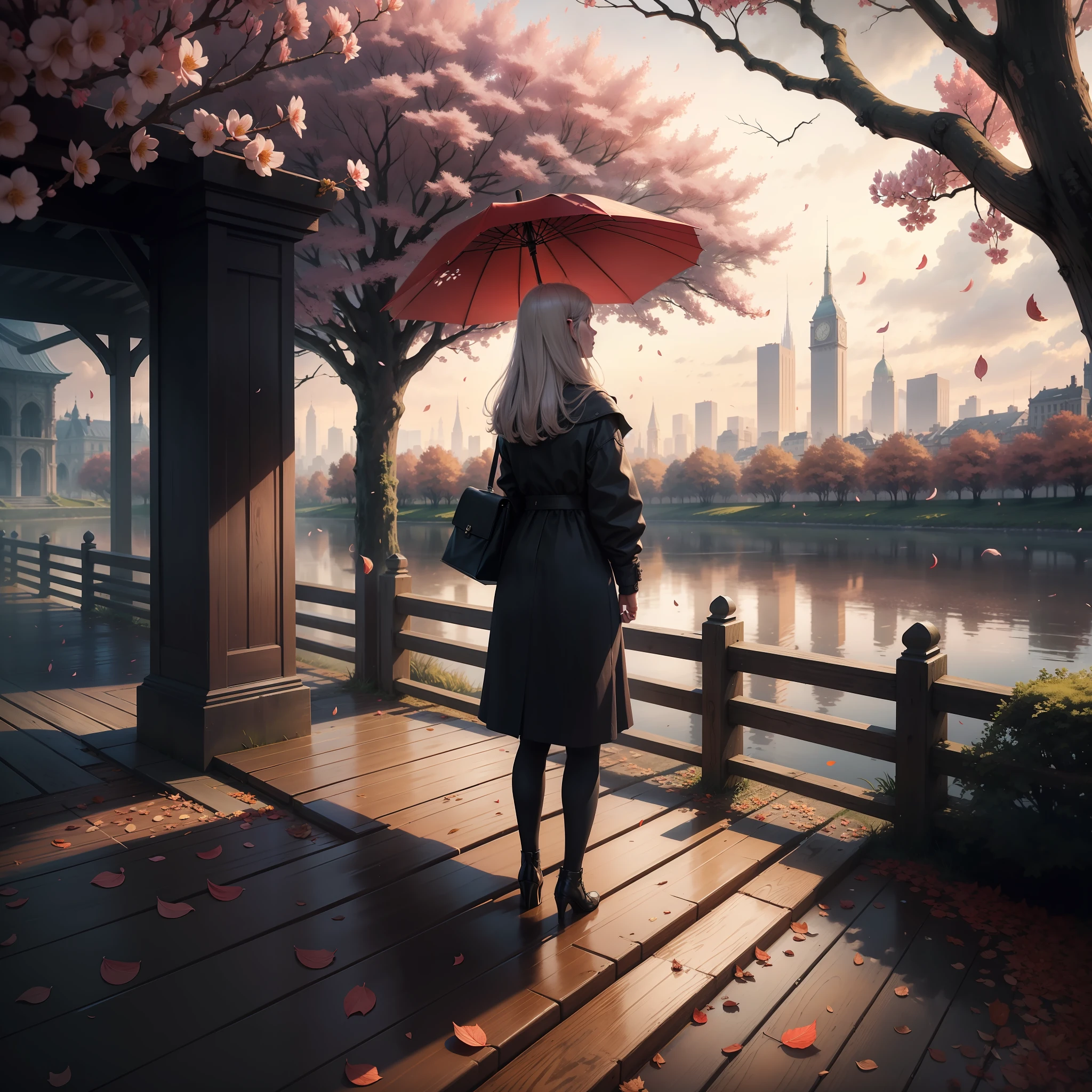 Full of memories，with petals falling，dingdall effect，The ground is full of petals and fallen leaves，A woman holds an oil-paper umbrella，Stand on a wooden bridge，Look out over the city in the distance，facing away