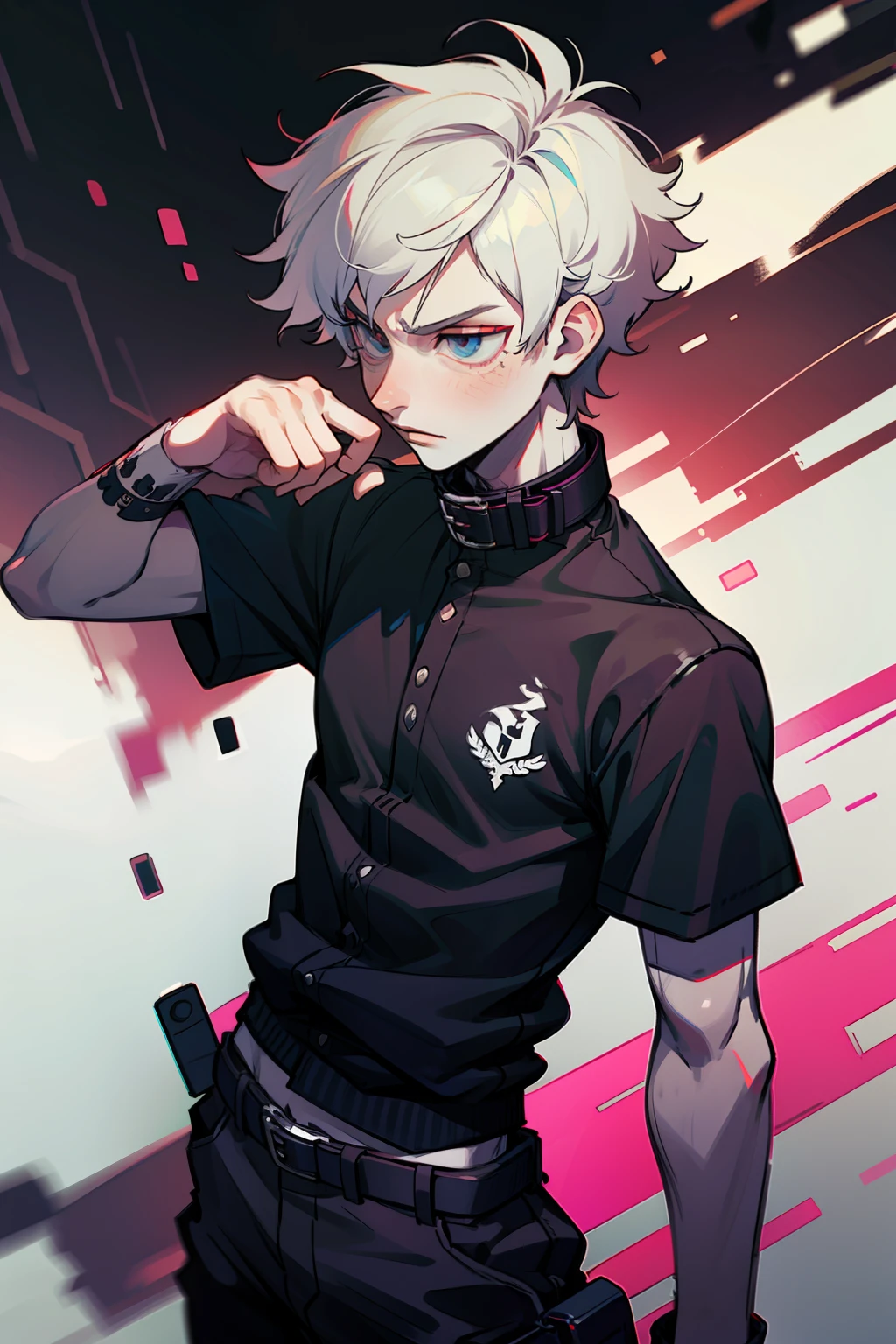 (1 boy), (solo), edgy style, white short hair, messy hair, goth clothes, athletic body, pale skin, ((high quality)), ((hd)), (very detailed), strong body, collar