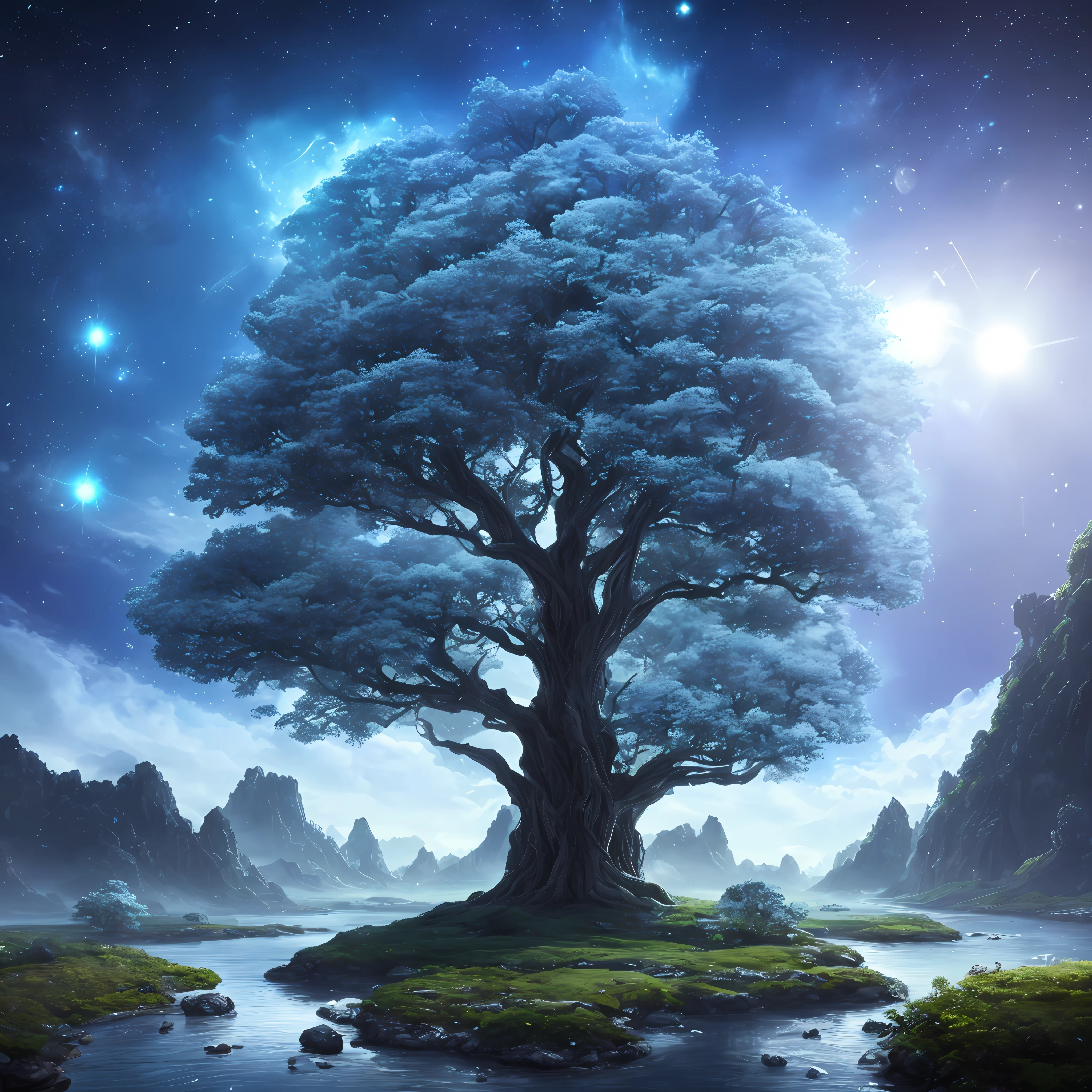 Illustration of a hyperrealistic , otherworldly, ultrasky scene featuring a giant crystal tree full body,very detailed and magical lighting, intricate forest details, vegetation and river around, solarpunk ,landscape, giant tree, beatifull leafy with beautiful lighting and realistic proportions, as if it were a cinematic background, 8k, highest quality, masterpiece, clouds and stars in the sky.