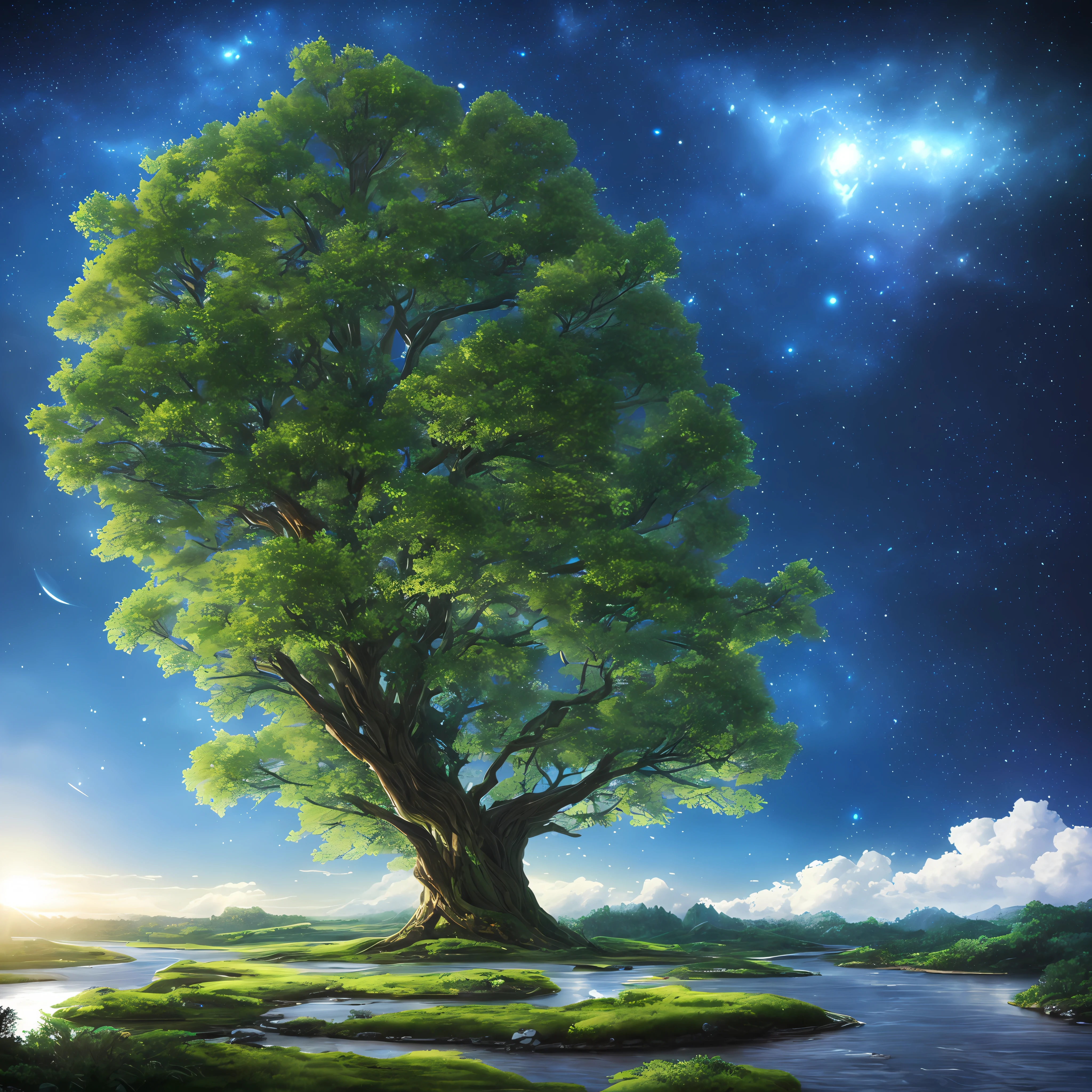 Illustration of a hyperrealistic , otherworldly, ultrasky scene featuring a giant crystal tree full body,very detailed and magical lighting, intricate forest details, vegetation and river around, solarpunk ,landscape, giant tree, beatifull leafy with beautiful lighting and realistic proportions, as if it were a cinematic background, 8k, highest quality, masterpiece, clouds and stars in the sky.