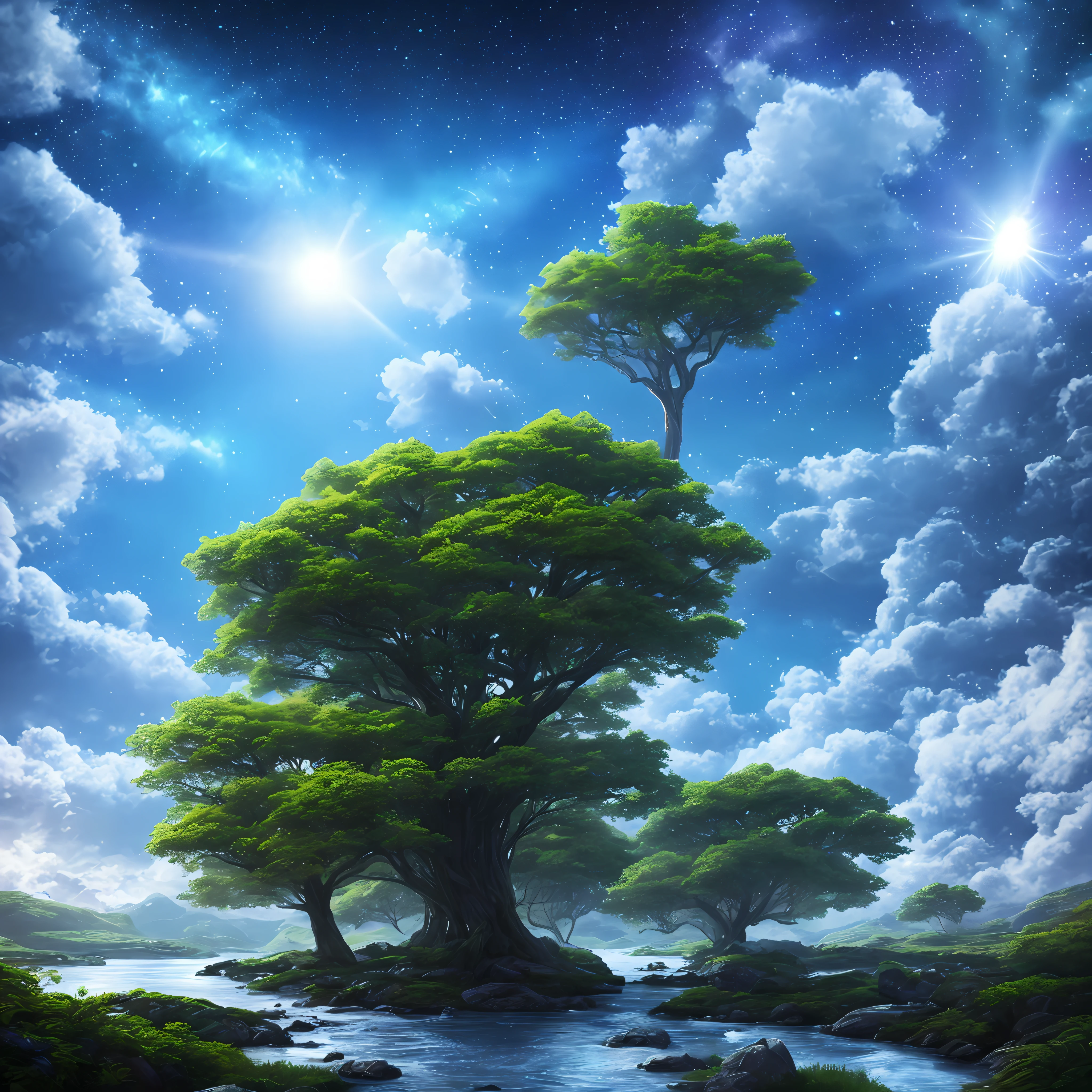 Illustration of a hyperrealistic , otherworldly, ultrasky scene featuring a giant crystal tree full body,very detailed and magical lighting, intricate forest details, vegetation and river around, solarpunk ,landscape, giant tree, beatifull leafy with beautiful lighting and realistic proportions, as if it were a cinematic background, 8k, highest quality, masterpiece, clouds and stars in the sky.
