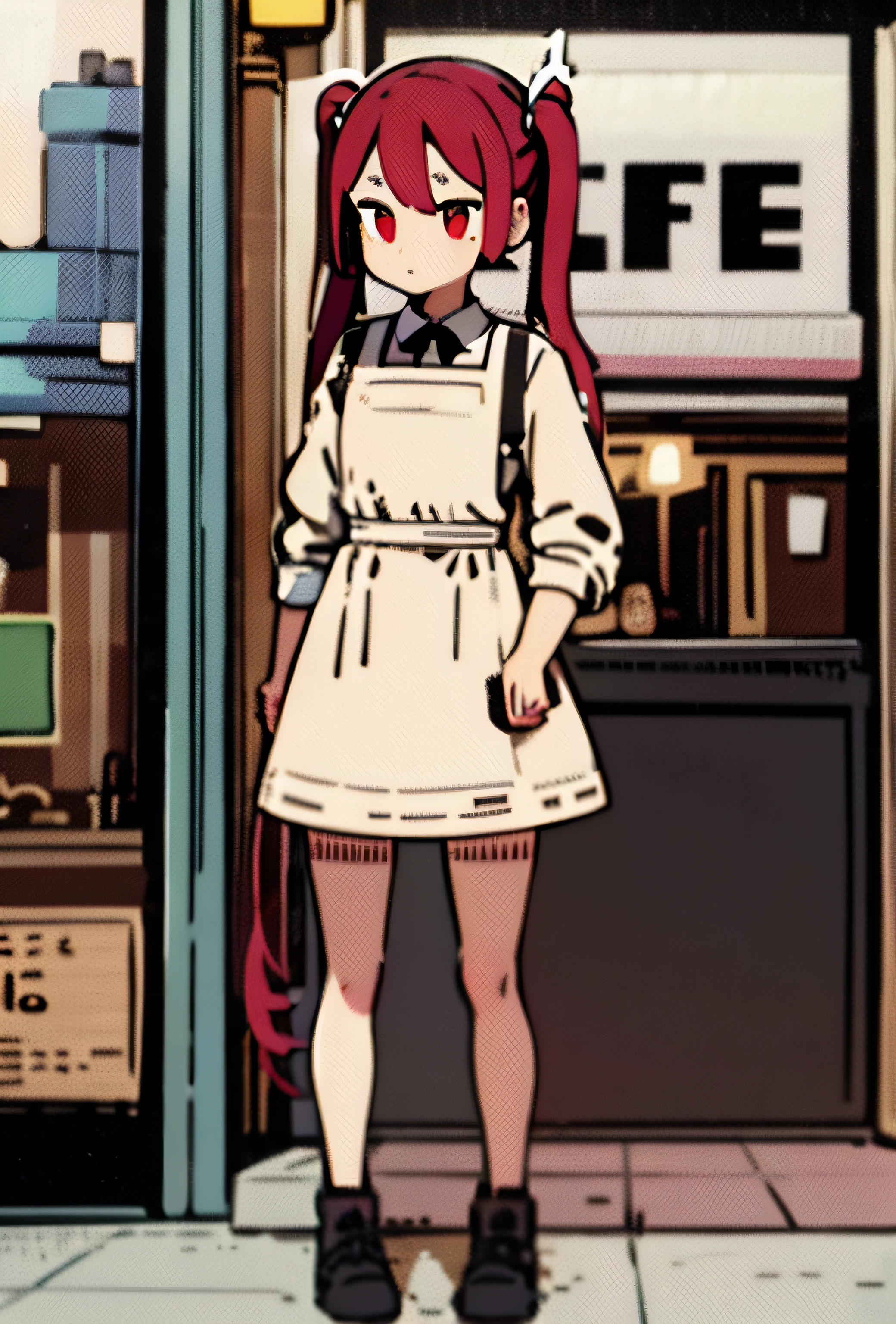 Barrista, girl, cafe, pixelated, cute, twin pigtails