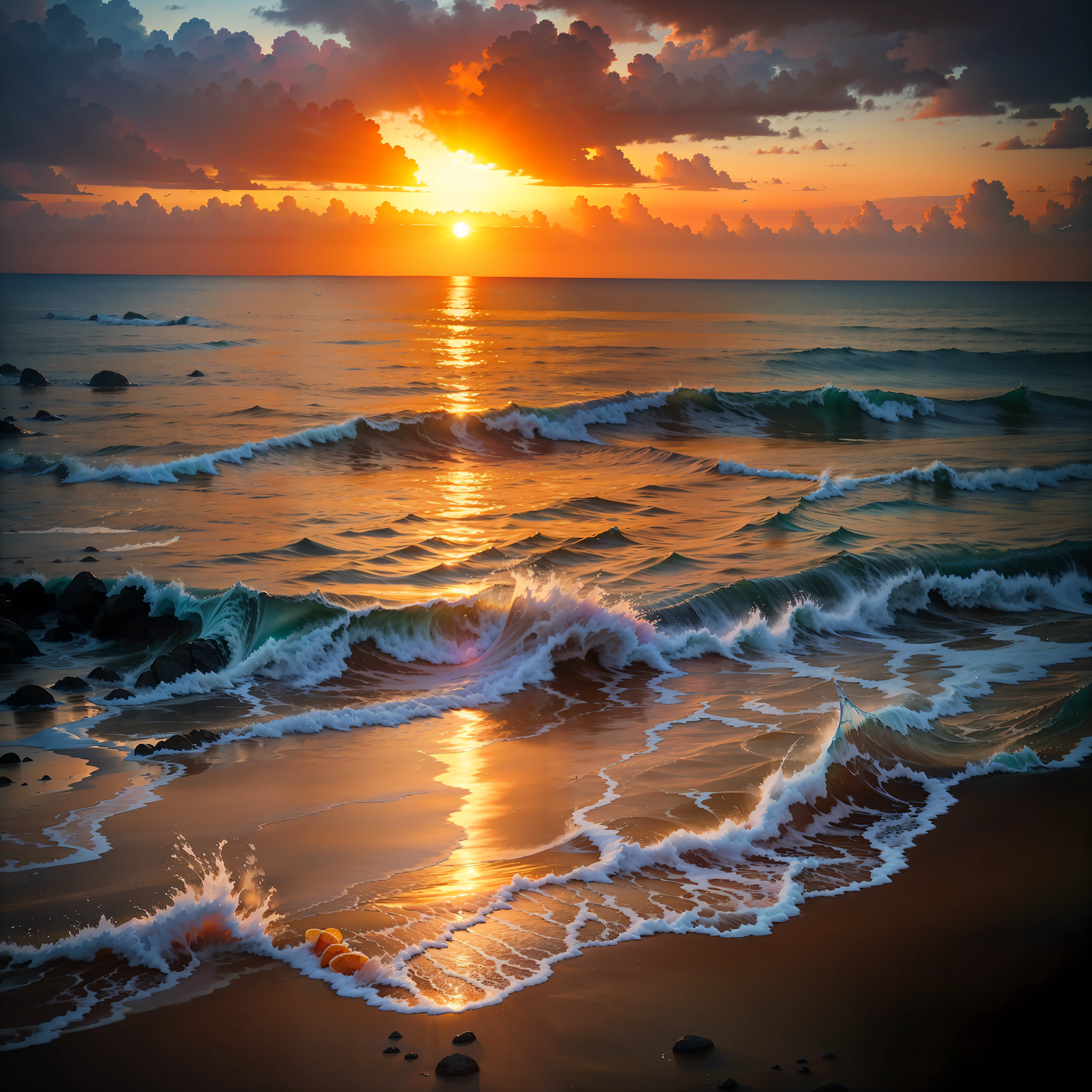An absolutely mesmerizing sunset over the beach, with a blend of oranges, pinks, and yellows filling the sky. Crystal-clear waters of the sea gently kissing the shore, with sandy white beach stretching far and wide. The scene is dynamic and breathtaking, with seagulls soaring high in the sky and gently swaying palm trees. Take in the calming atmosphere and let the peacefulness wash over you.